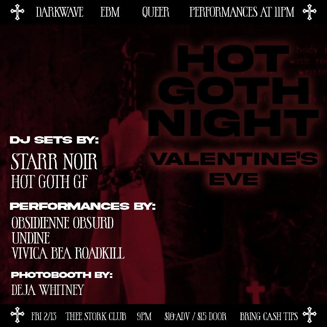 TONIGHT 🥀💔 sin creeps in at @theestorkcluboakland for HOT GOTH NIGHT: VALENTINE's EVE ❤️&zwj;🩹🪽this one is for the prisoners of pleasure, those bound to love, fatal attraction, &amp; toxic romance🌹🩸 fūck a valentine we want your soul 

with you