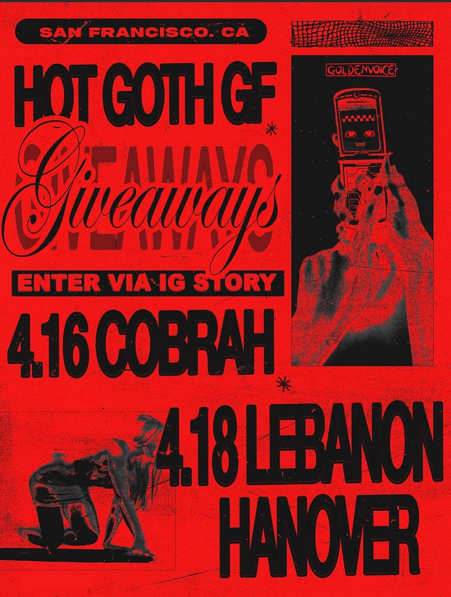 TICKET GIVEAWAAAAAAY thanks to @goldenvoicebayarea we've got a pair of tickets to give to a couple of hot gothsssss 

4/16 COBRAH @ the regency

4/18 LEBANON HANOVER @ the regency 

comment on this post with the show you'd like to attend &amp; tag a 