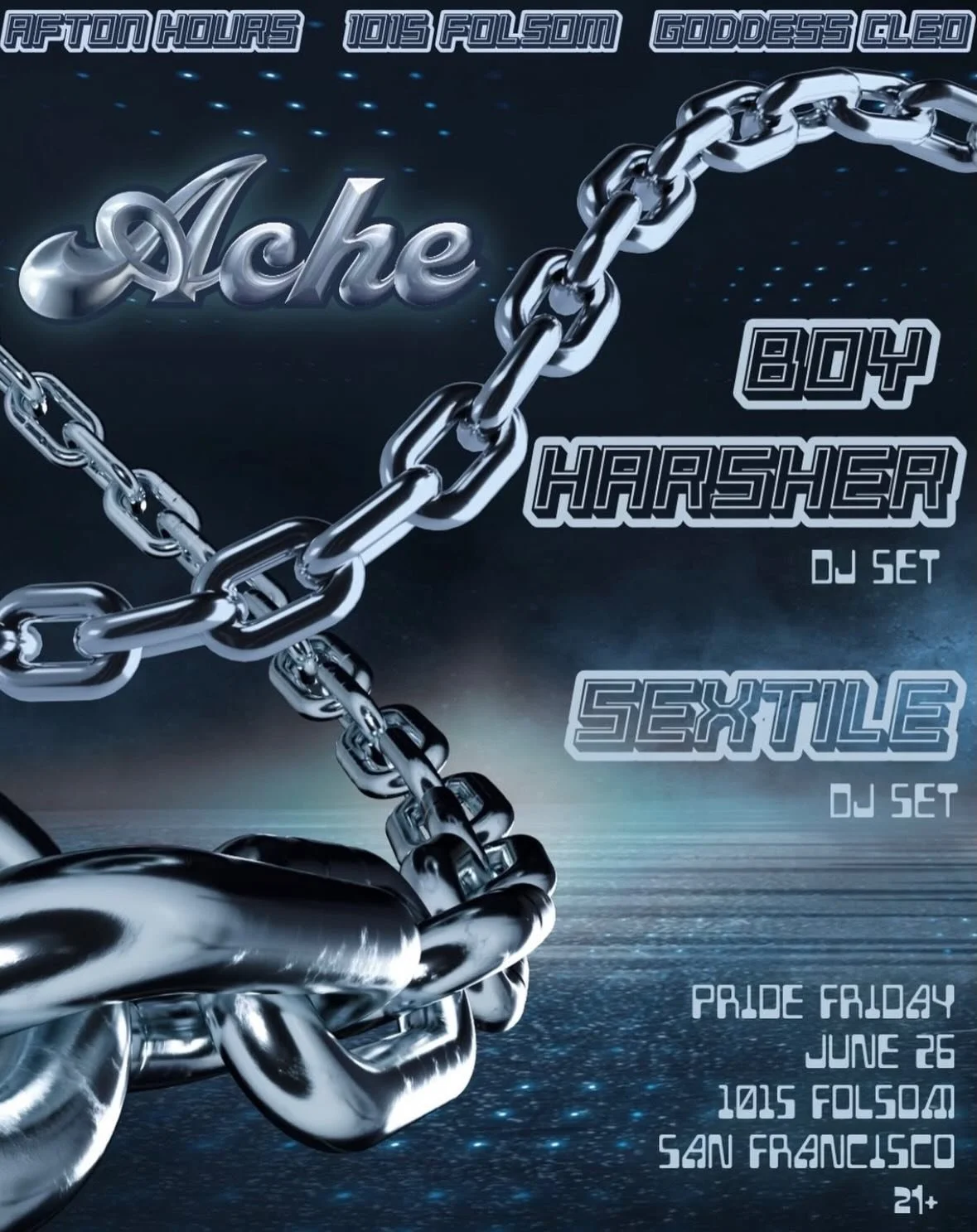 so so thrilled &amp; honored to be DJing the basement dungeon at the biggest most iconic pride party of the year, ACHE featuring DJ sets by two of theeeee best artists in the genre, BOY HARSHER @boyharsher &amp; SEXTILE @sextileband ⛓️❤️&zwj;🔥🔥

i 