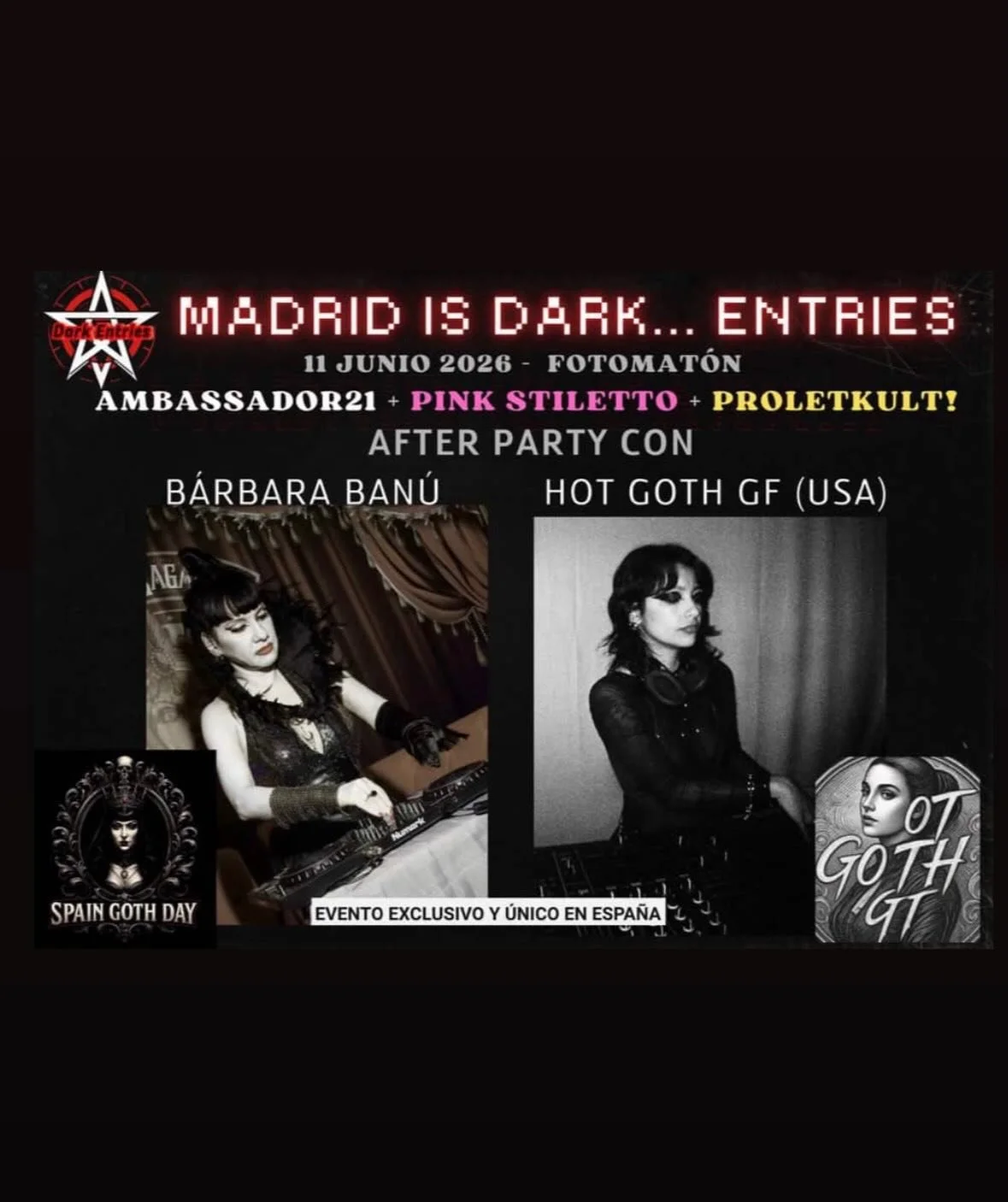 TONIGHT en MADRID I'll be spinning con la mas hermosa BARBARA BAN&Uacute; for the PINK STILETTO show at SALA FOTOMAT&Oacute;N! thank you so much barbara &amp; @darkentries_spain 🖤 let's dance 🖤