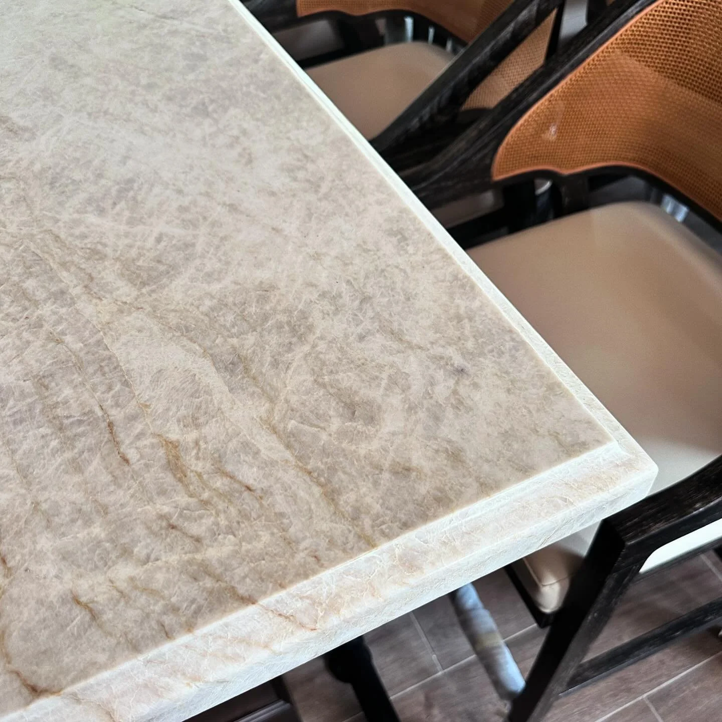 Taj Mahal quartzite in a leathered finish sitting with our custom barstools for a special project completing soon.