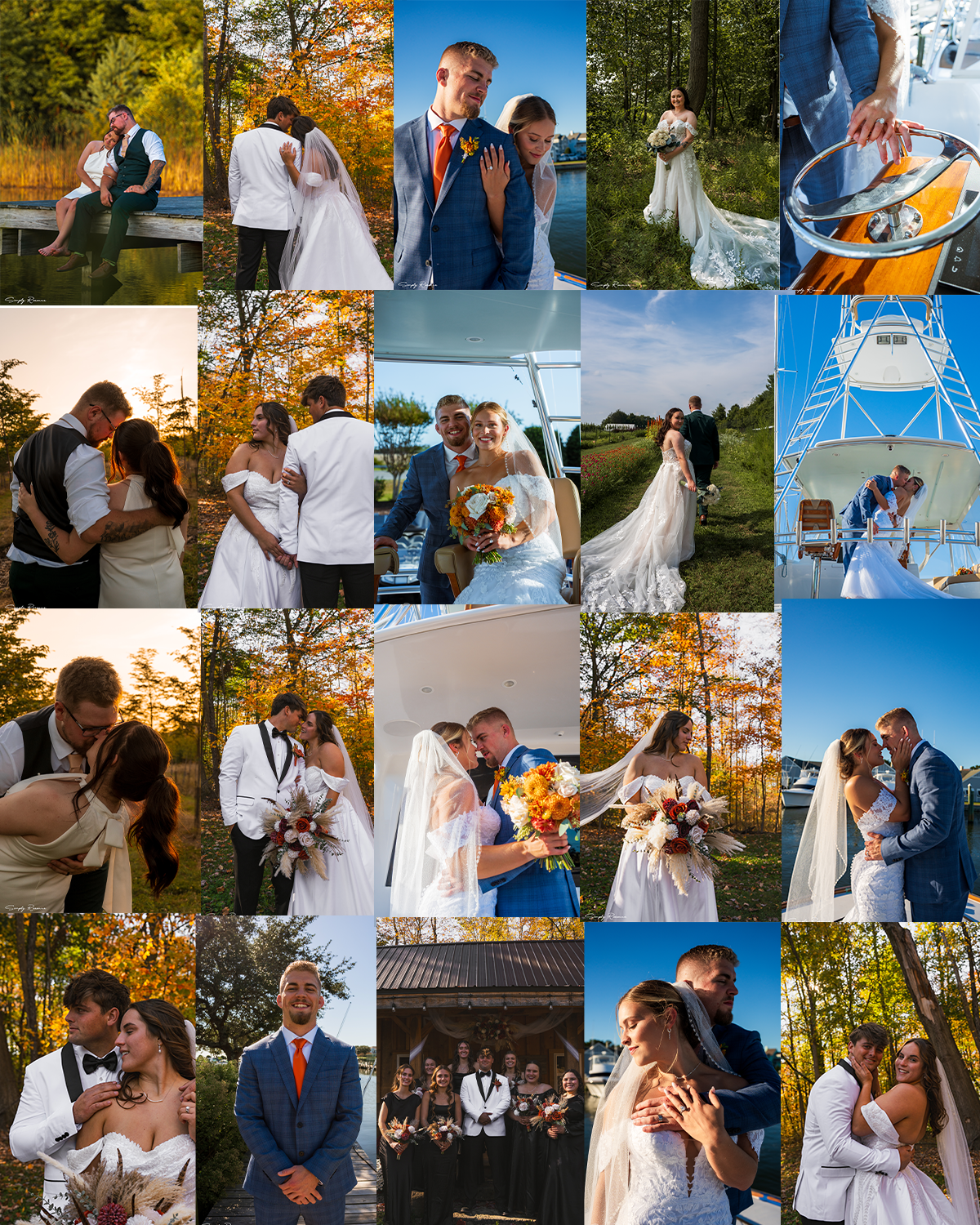 Collage of wedding photos featuring couples and groups outdoors and on boats, with autumn foliage, including bride and groom portraits, ceremony, and candid moments.