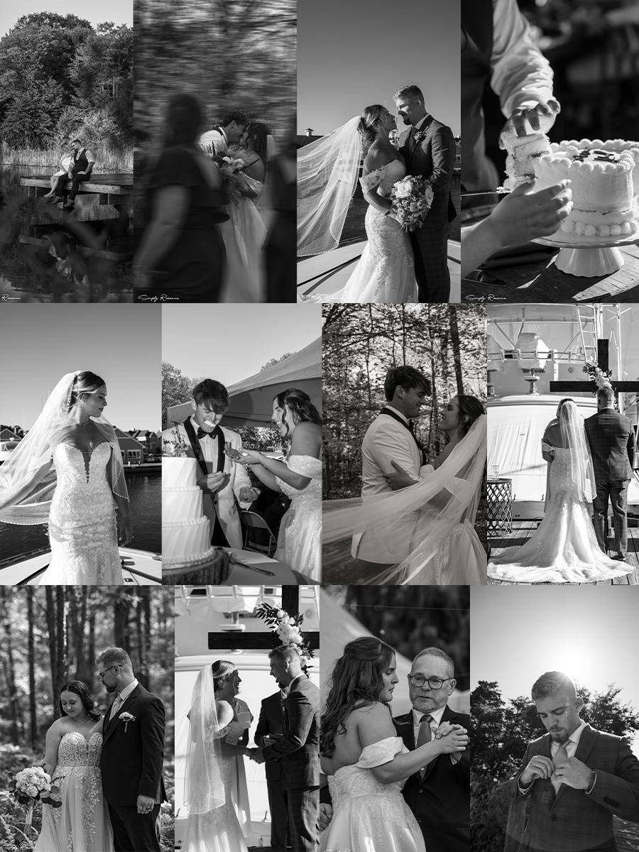 Collage of black and white wedding photographs featuring couples and wedding ceremonies outdoors and indoors, including bride and groom portraits, cake cutting, and exchange of vows.