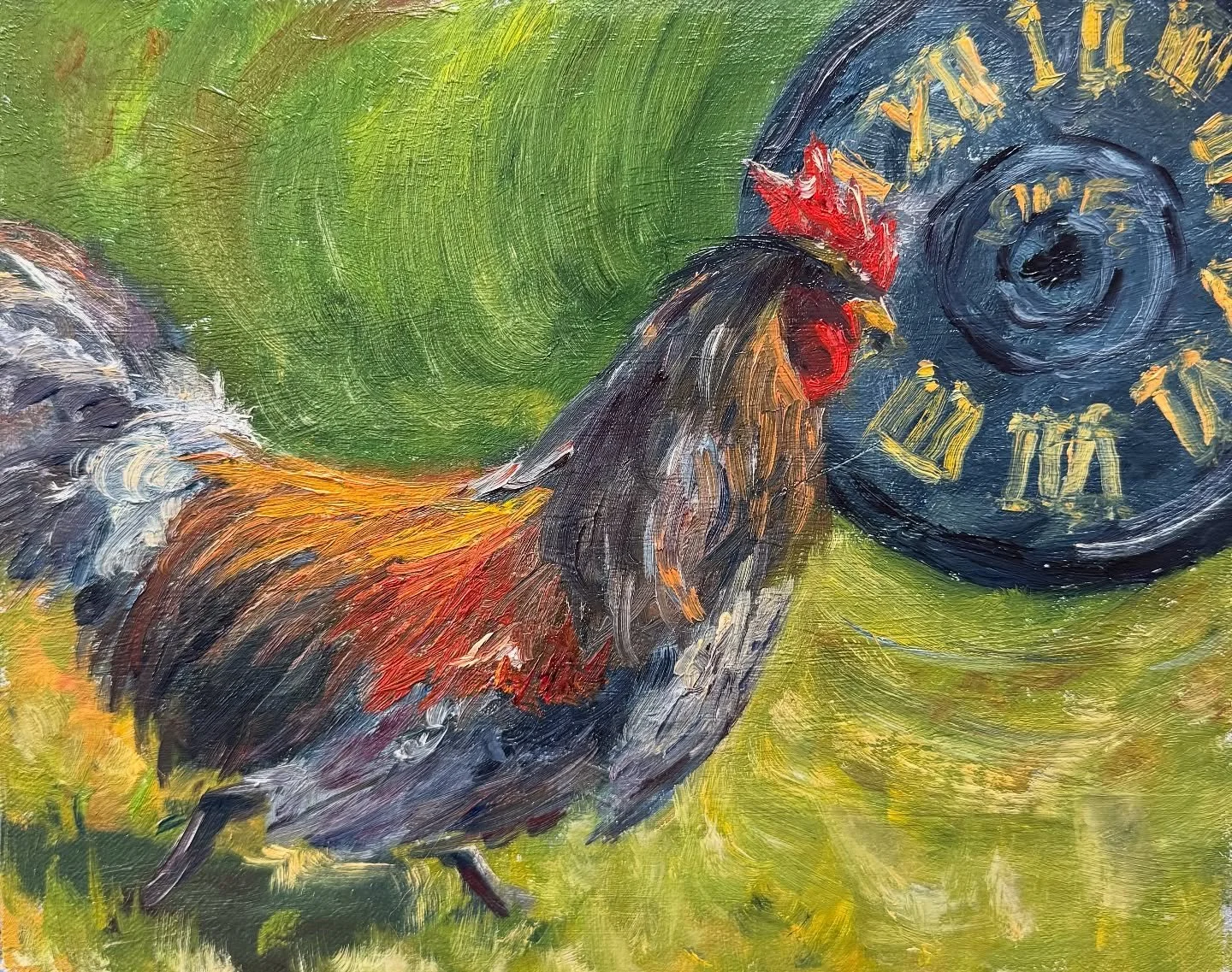 A rooster named Hoff&hellip;. We frequently have little  visitors at the farm and they name a lot of our animals! Sometimes we just don&rsquo;t know where they have come from or how to even spell them! 
.
.
.
#chickenpainting #roosterpainting #oilpai