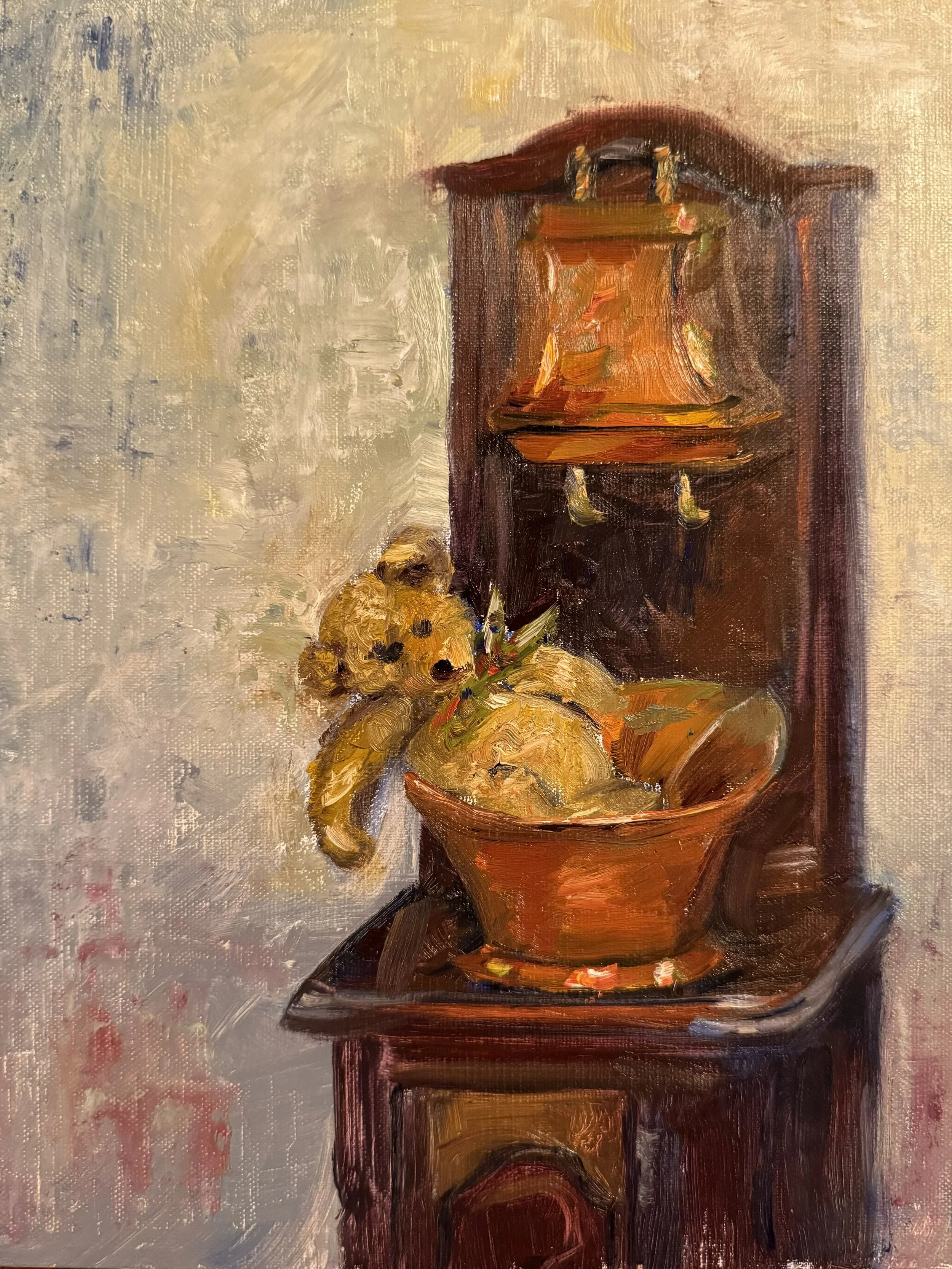 Teddy in Antique Copper Washstand