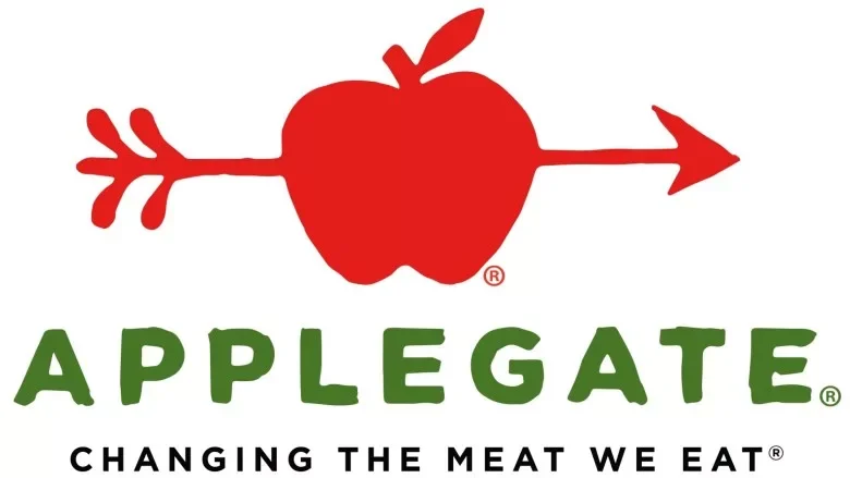 Red apple with a green leaf pierced by a horizontal arrow, and the word "APPLEGATE" in green below it, with the tagline "Changing the meat we eat" beneath.