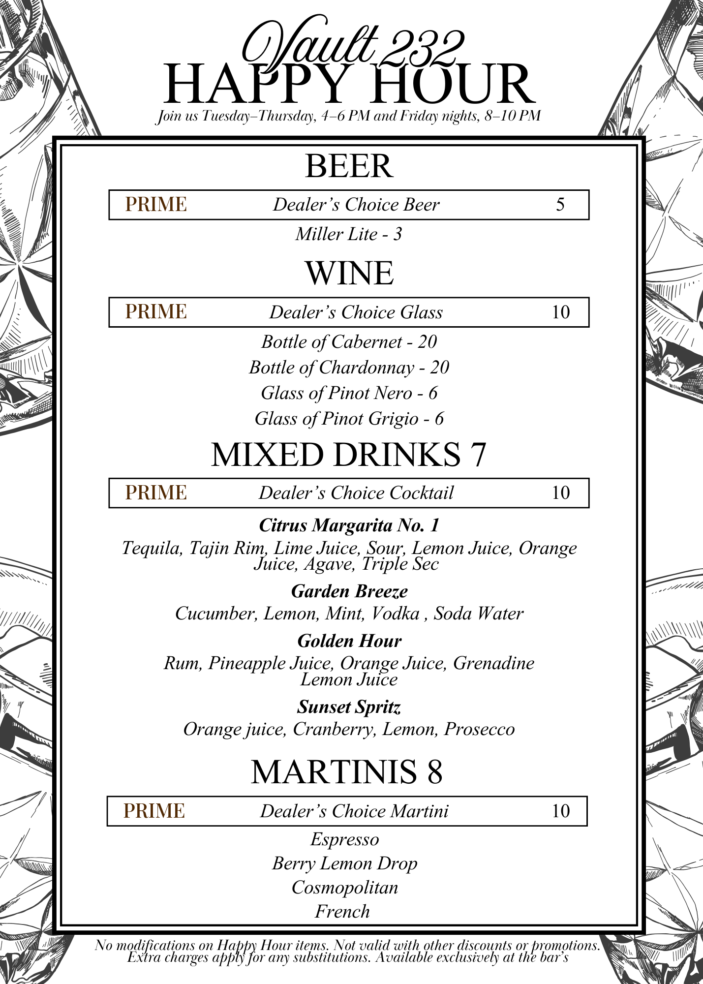 Menu for Vault 232 Happy Hour featuring beer, wine, mixed drinks, and martinis with prices, available Tuesday to Friday evenings.