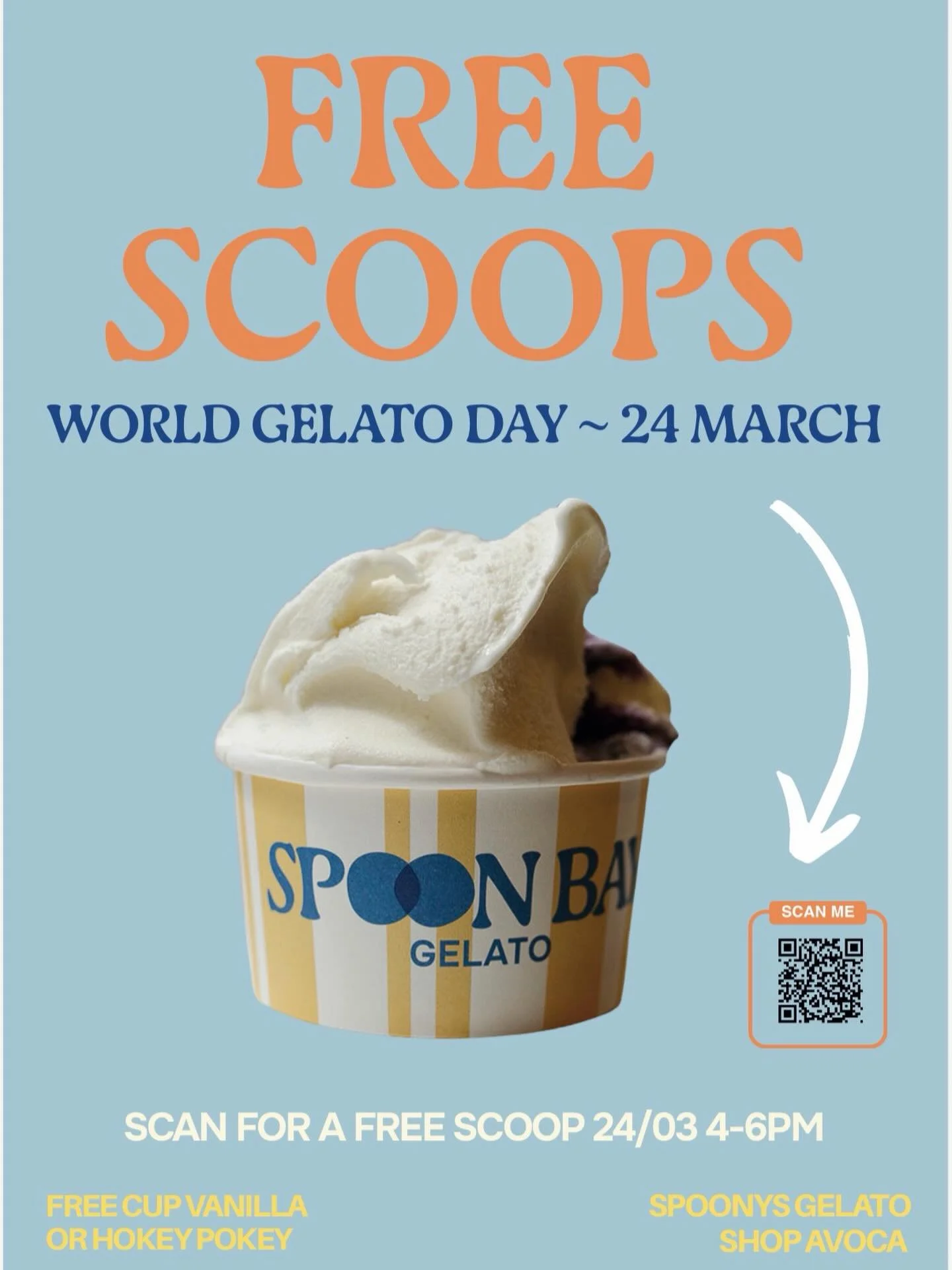 Scoops Away for World Gelato Day! Get a free scoop of Vanilla or Hokey Pokey from @spoonysgelatoshop on 24 March. 

📆 Tues 24 March 4-6pm
📍Spoonys Gelato Shop
🎟️ Register for scoop voucher via the qr code or link in bio 

Tell anyone near Avoca wh