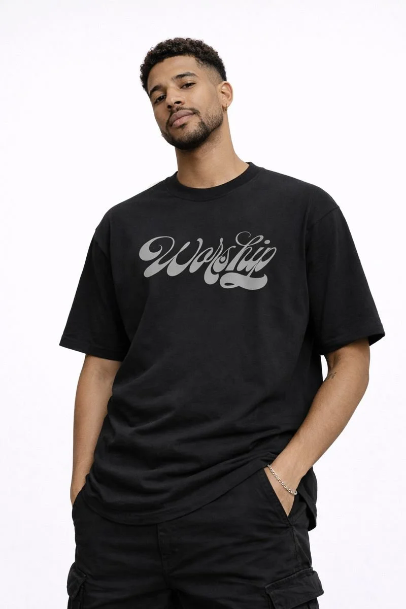 Online Exclusive Reflective 'Worship' Tee - Black/Reflective