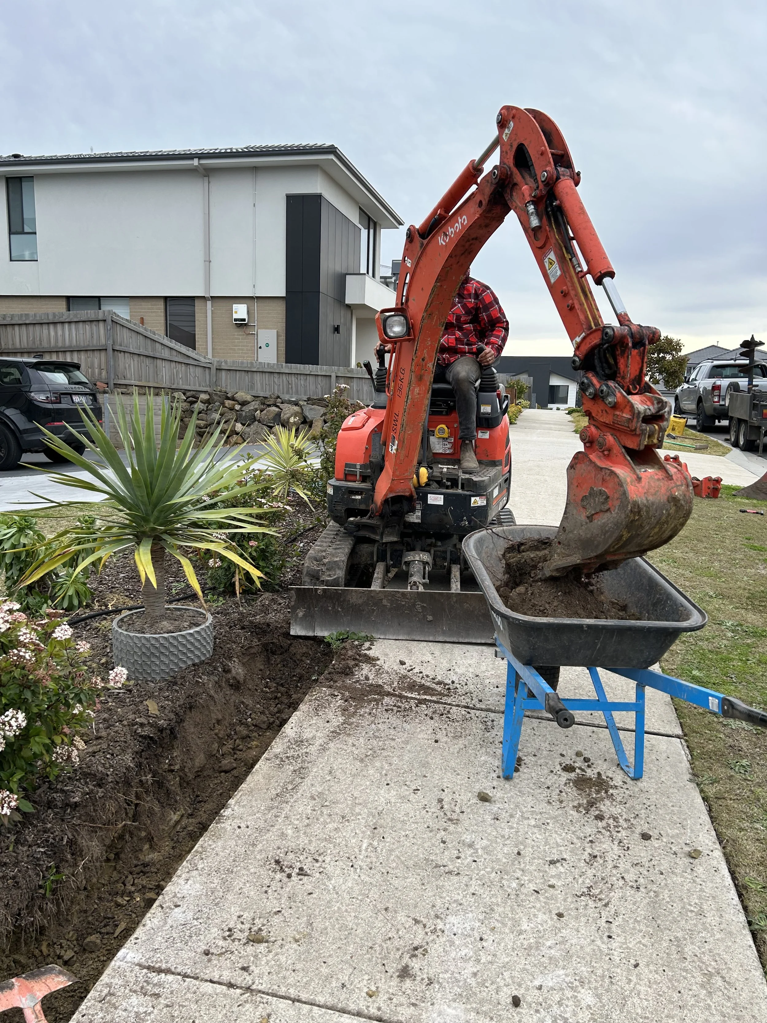 Trenching neatly along concrete path to create clean garden edge and improve drainage before sale  Excavator loading soil into wheelbarrow for efficient site clean-up ahead of open homes