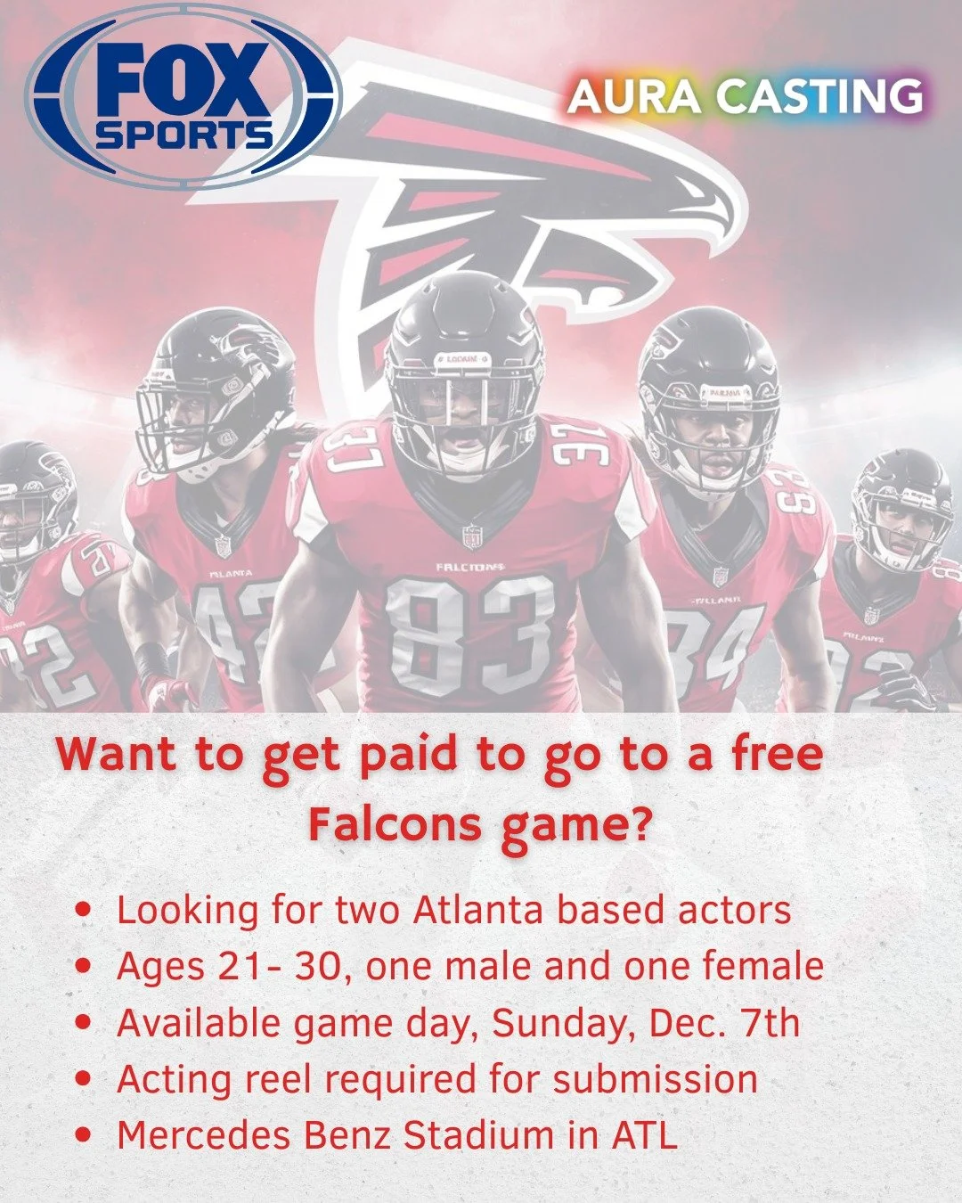 ATL WHERE YOU AT? 
Calling all Falcons fans!! 
Get paid $250 to attend the Seahawks game Dec. 7th and work as a promoter for the Mercedes Benz Stadium. 
DM if interested! 
#actor #sportsfan #livegame #atl #falcons