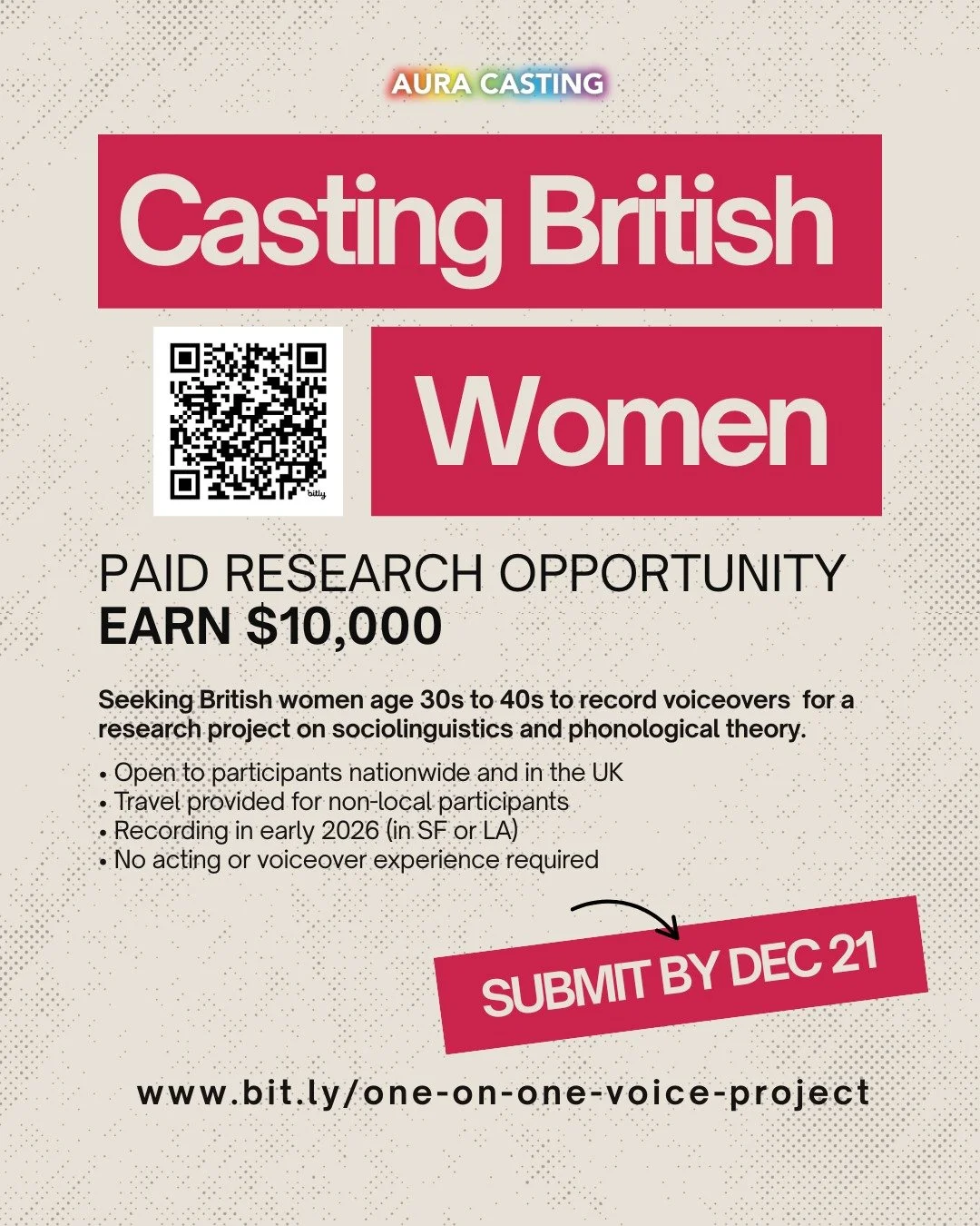Looking for British women for a voice project next quarter! 

$10,000 + travel and lodging!

No vocal training or acting experience is required.

Here is the link with the details:
https://bit.ly/one-on-one-project-details

1. [British Female] 30s to