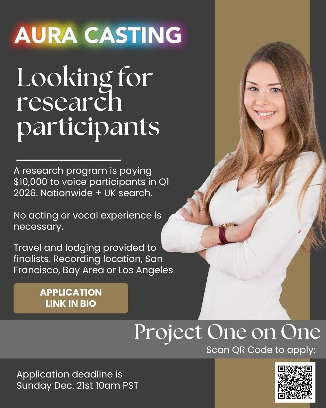 Interested in being a research participant for voice project next quarter?

Pay is $10,000 (+20%) per person

No acting or voice training required! 

1. [British Female] 30s to 40s, college graduate, career oriented&nbsp;

2. [Active Male] 20s to 30s