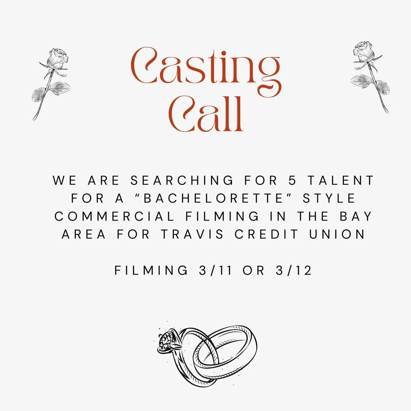 Now casting a comedic commercial for Travis Credit Union! Bachelorette inspired commercial🌹💃

Films in the Bay Area on either 3/11 or 3/12 (Local Hires only!)

Session Rate: $750+ 20% 
Usage Rate: $1,500 + 20% 

DM us if interested in submitting! 
