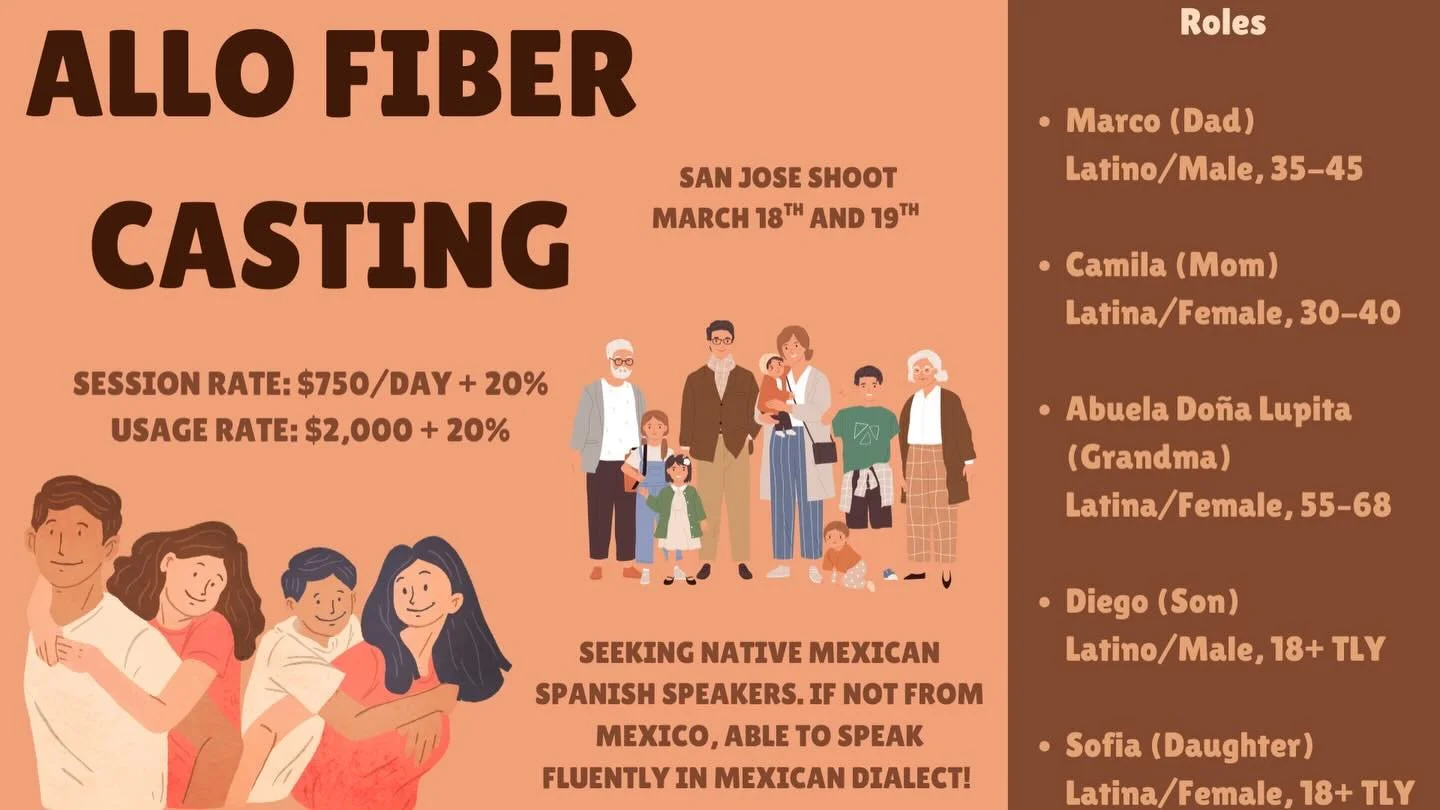 We got you with the castings this week 🔥🔥

Now casting a commercial for Allo Fiber! 
Real families are encouraged to submit, also taking individual submissions! 
Son and daughter roles are 18 plus to look younger (like teens!)
Filming in San Jose 
