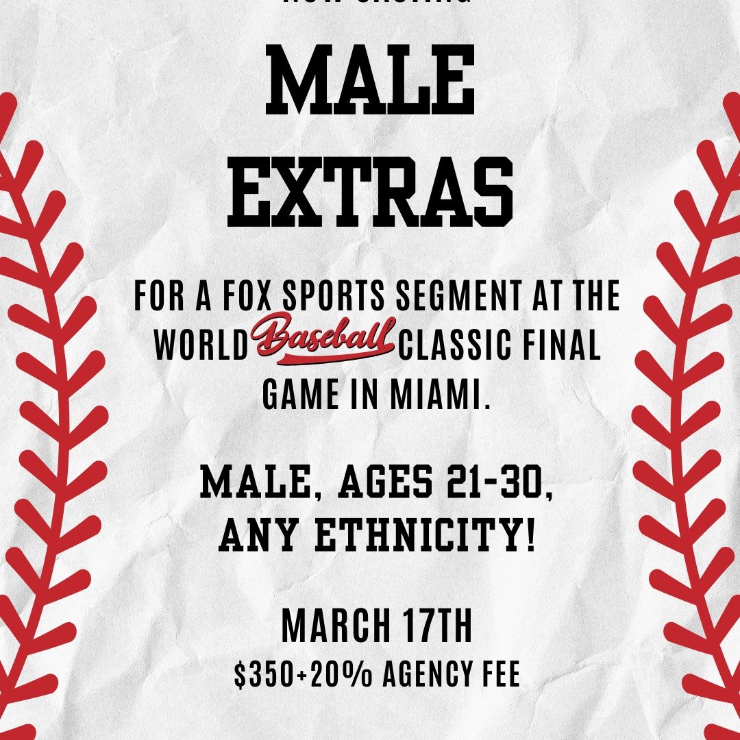 ‼️ Miami men casting call ‼️

There is rush casting... and then there is RUSH CASTING!!!
This is due THIS Sunday at 3pm EST. 

Are you a dude who want to get paid to go to ballgame? Sounds awesome!! No reel needed, just selfies/headshots and body sho
