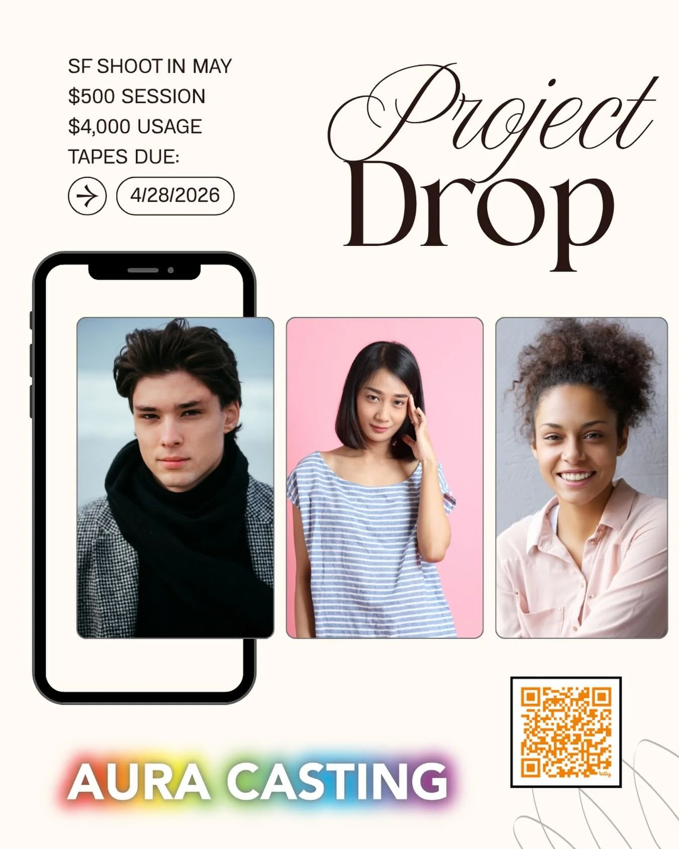 New casting!! NDA client - Due Monday, but can offer extension until Tuesday if needed! Let us know - and DM for link or scan QR code 🙌🏽🙌🏽