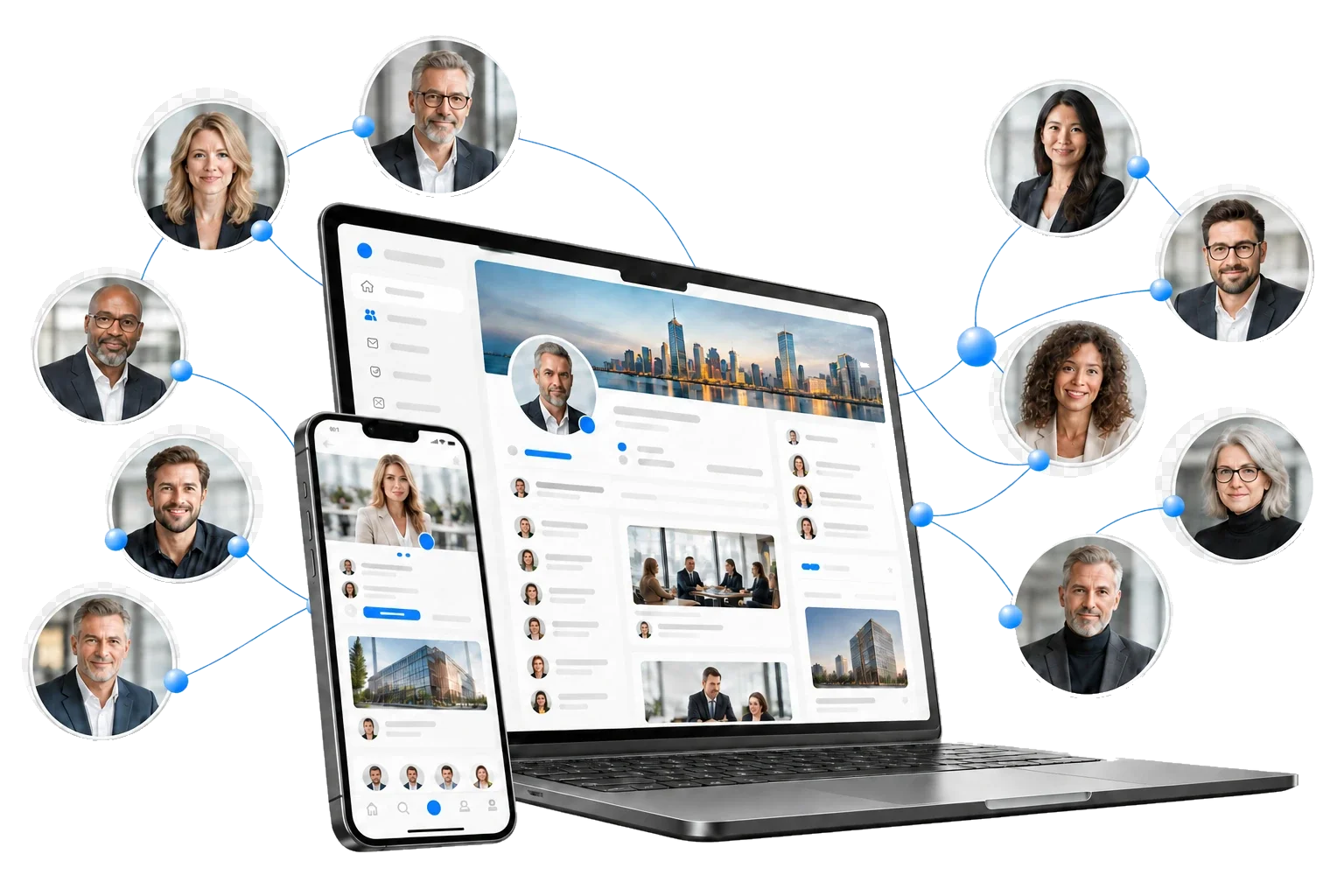 LinkedIn-Netzwerk mit Laptop, Smartphone und miteinander verbundenen beruflichen Profilen.
