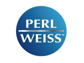 Perl Weiss Logo auf blauem Hintergrund