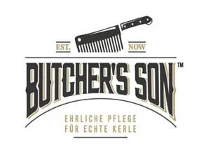 Logo für Butcher's Son mit einem Schneidkamm und den Worten 'EST NOW' und 'Ehrliche Pflege für echte Kerle'.