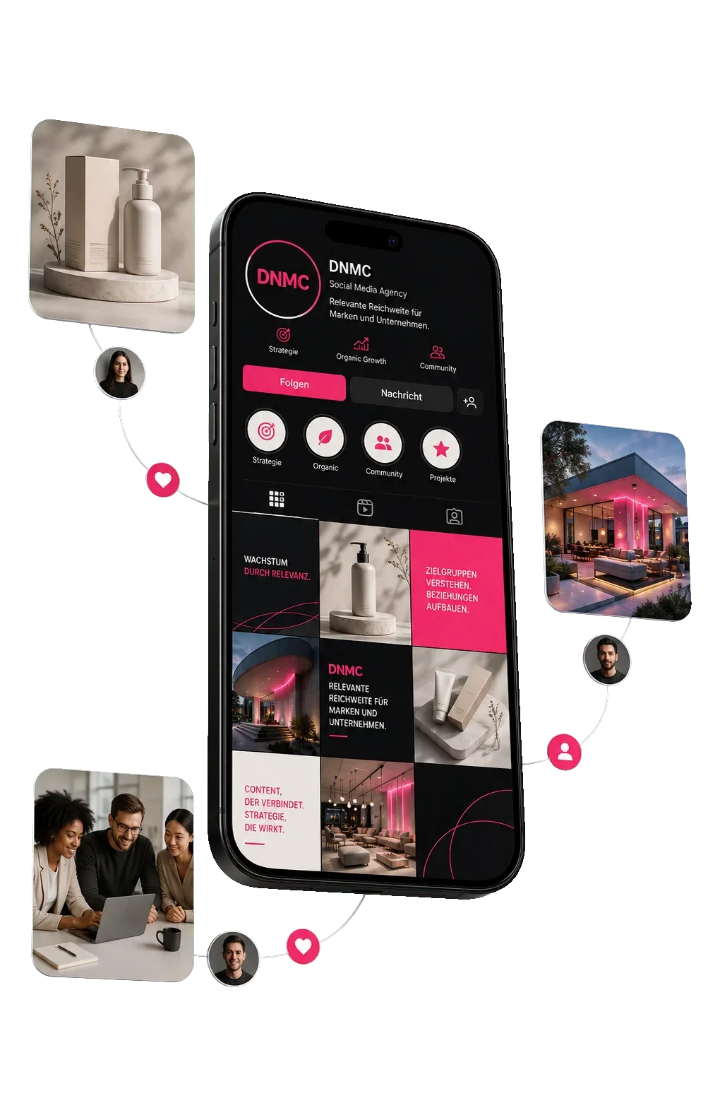 Instagram-Unternehmensprofil mit Markenprodukten, Location, Team und relevanten Nutzerprofilen als Darstellung gezielter organischer Reichweite.