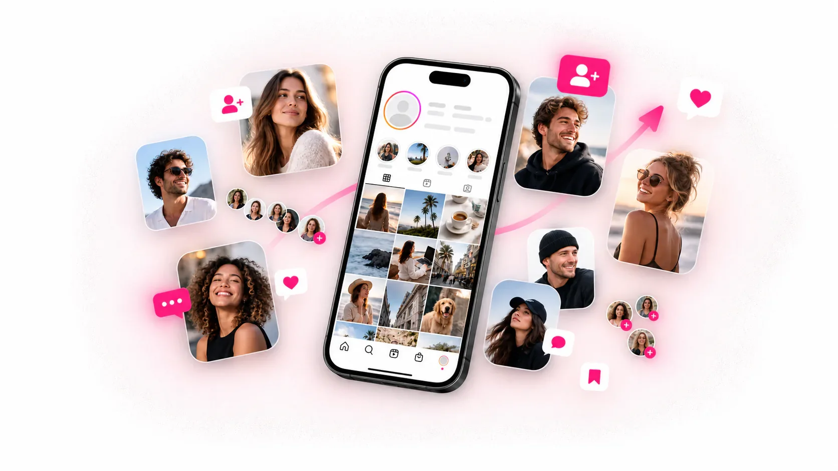 Smartphone mit Instagram-Profil und neuen Community-Mitgliedern auf einem hellen roséfarbenen Hintergrund.