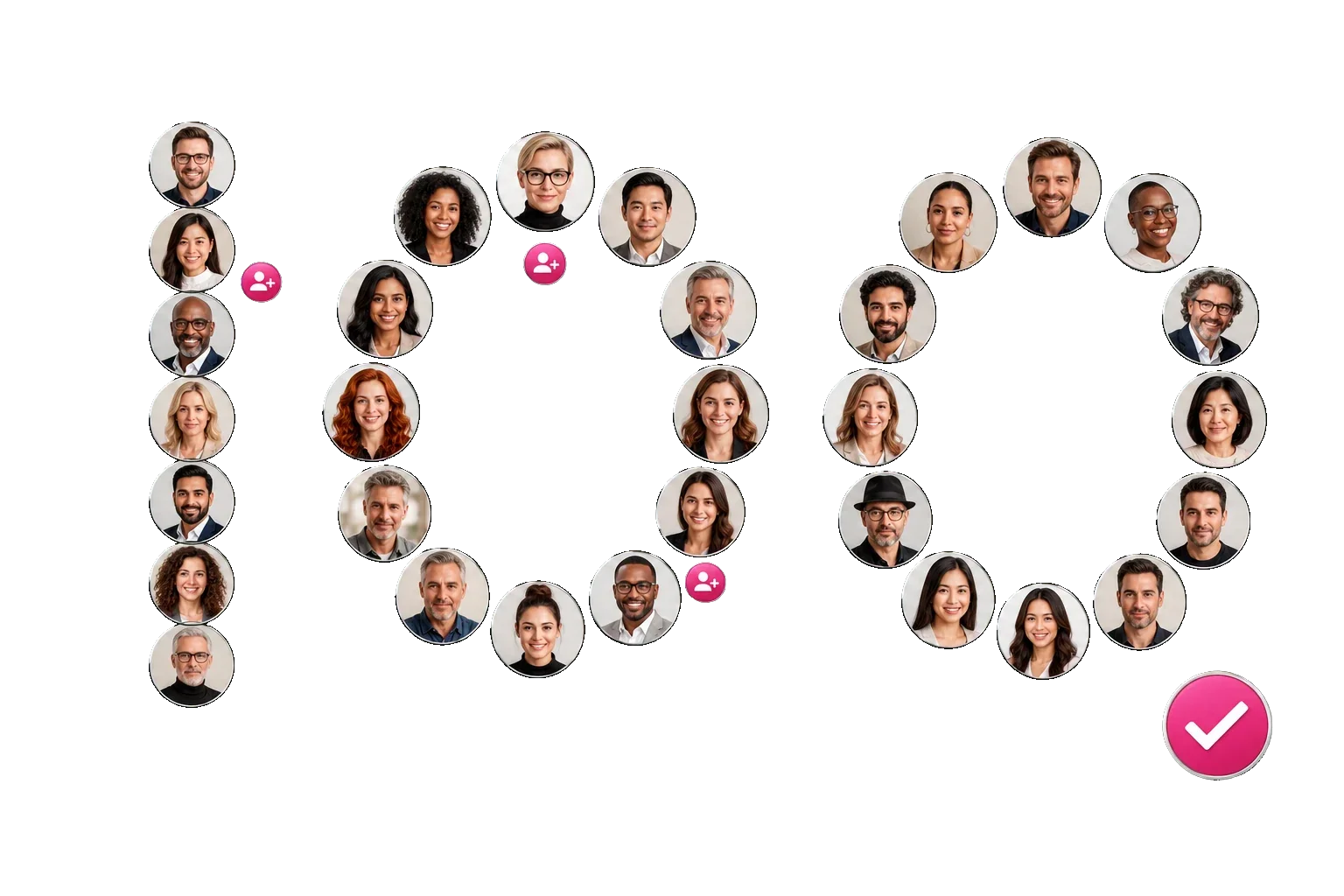 Unterschiedliche Instagram-Profile bilden gemeinsam die Zahl 100 und visualisieren das kostenlose Testangebot von Instagram Grow.