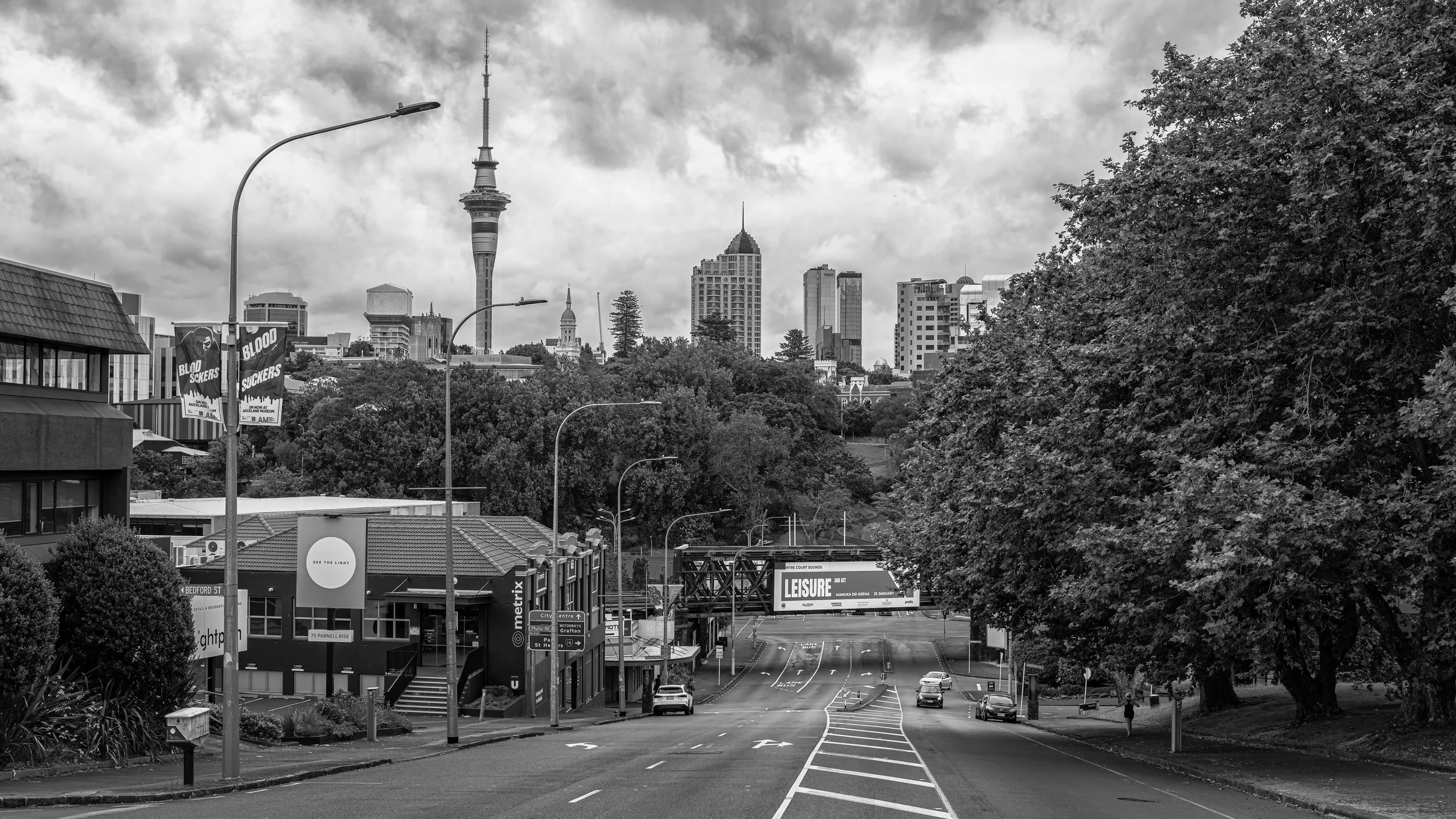 Black and white photo of an urban cityscape with tall skyscrapers, a tower, streetlights, trees, and a road with cars parked and driving.