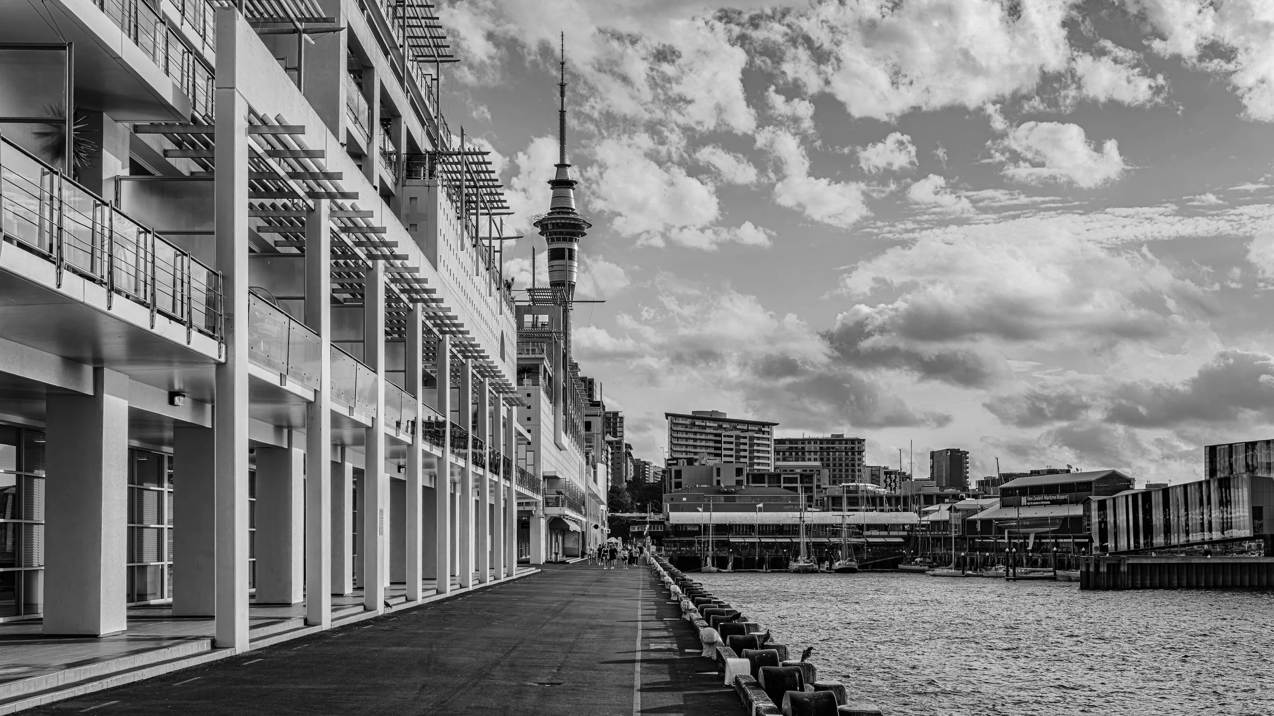 Black and white photo of a modern waterfront cityscape with multi-story buildings, a walkway, and a harbor with boats. Auckland, New Zealand.