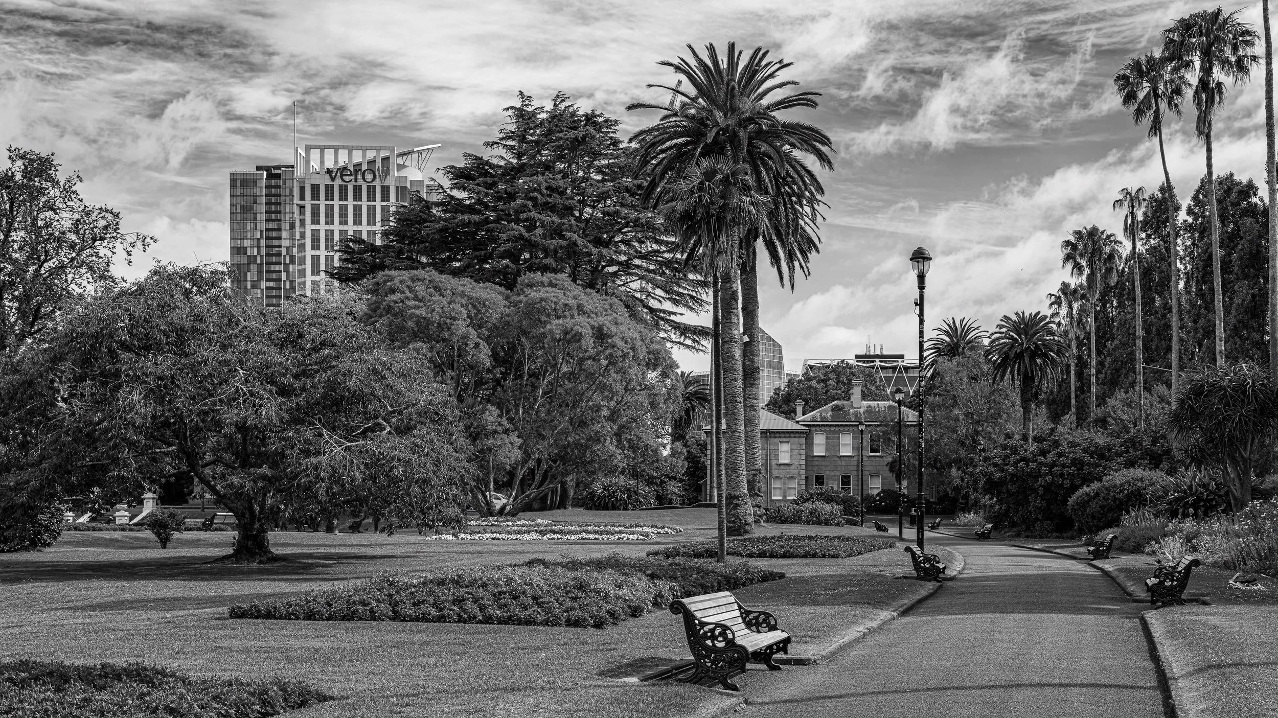 A city park with trees and benches in the foreground, and tall modern buildings in the background under a cloudy sky.