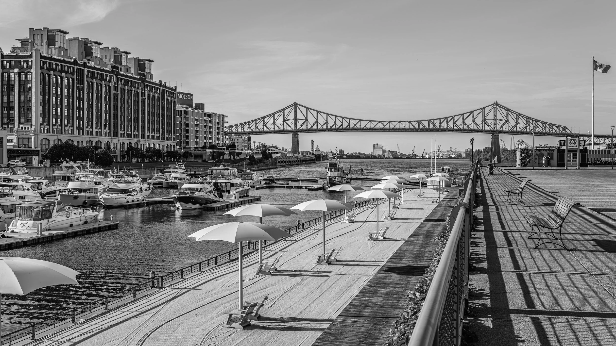 A black and white photo of a marina with boats docked, a pedestrian walkway with benches and umbrellas, high-rise buildings, and a large bridge in the background.