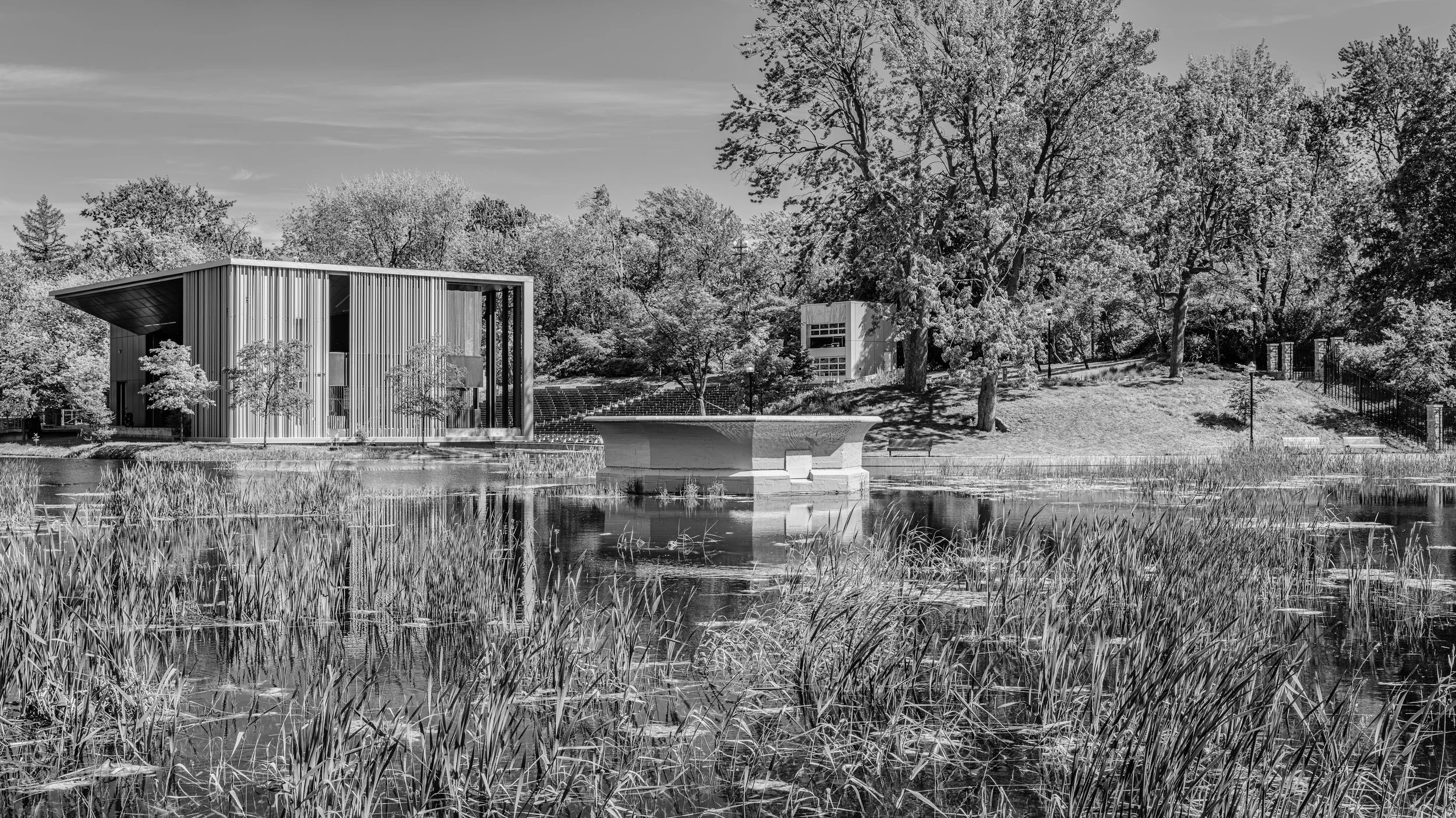 A black and white photo of a modern building by a pond with a fountain, surrounded by trees and tall grass.