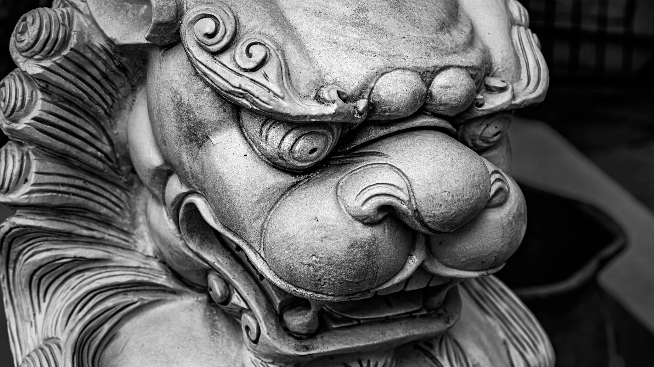 Close-up of a detailed, carved stone sculpture of a traditional Chinese guardian lion, focusing on its face with intricate facial features and curly mane in black and white.
