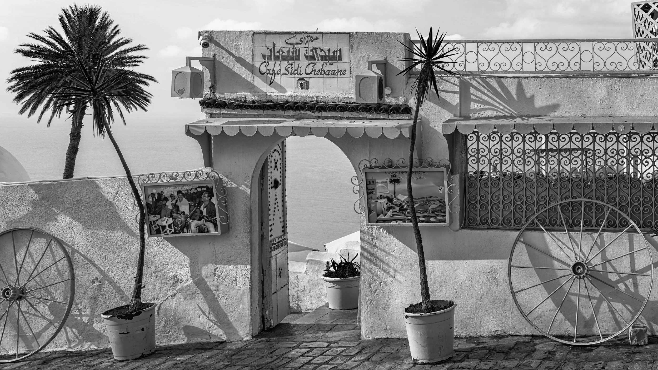 Black and white photograph of a Mediterranean-style building with a sign reading 'Café Sidi Chebaane.' Two potted palm trees and large wagon wheels. Sidi Bou Said, Carthage, Tunis, Tunisia.
