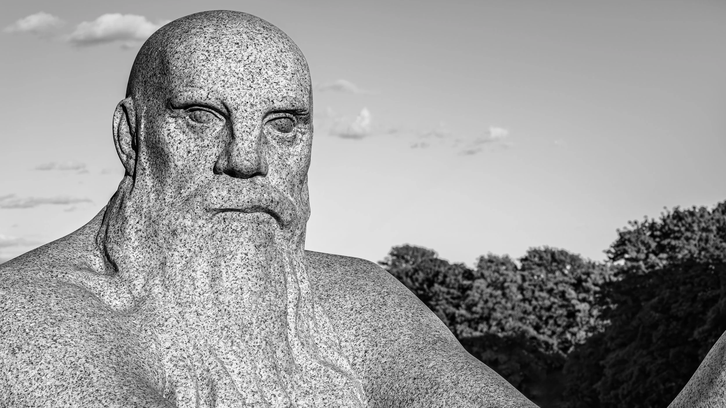 Close-up of the granite bust of a bald man with a beard, outdoors with a cloudy sky and trees in the background.