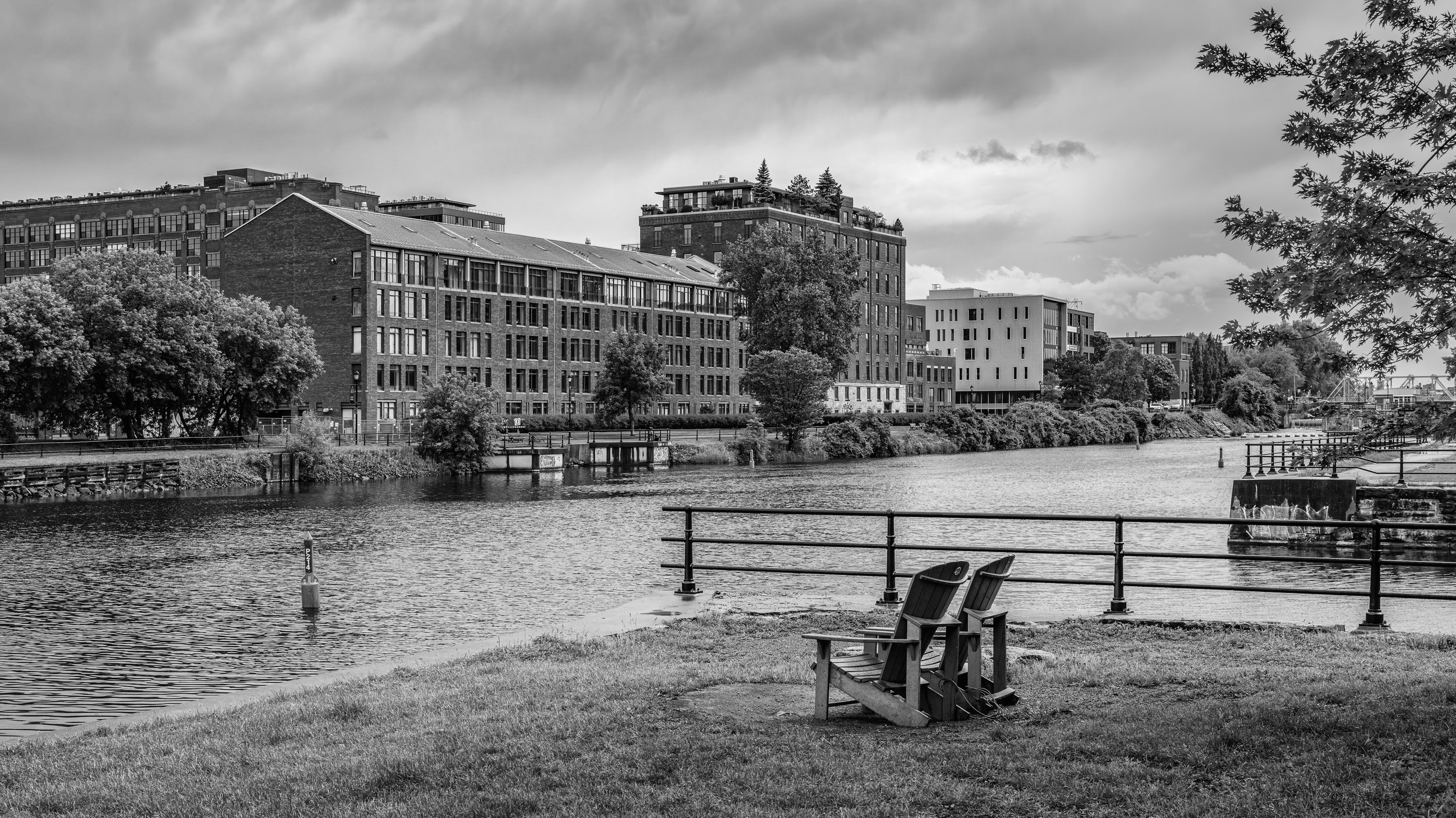 Black and white photo of a cityscape along a waterfront with modern buildings, trees, and a cloudy sky. In the foreground, there are benches and a railing by the water's edge.