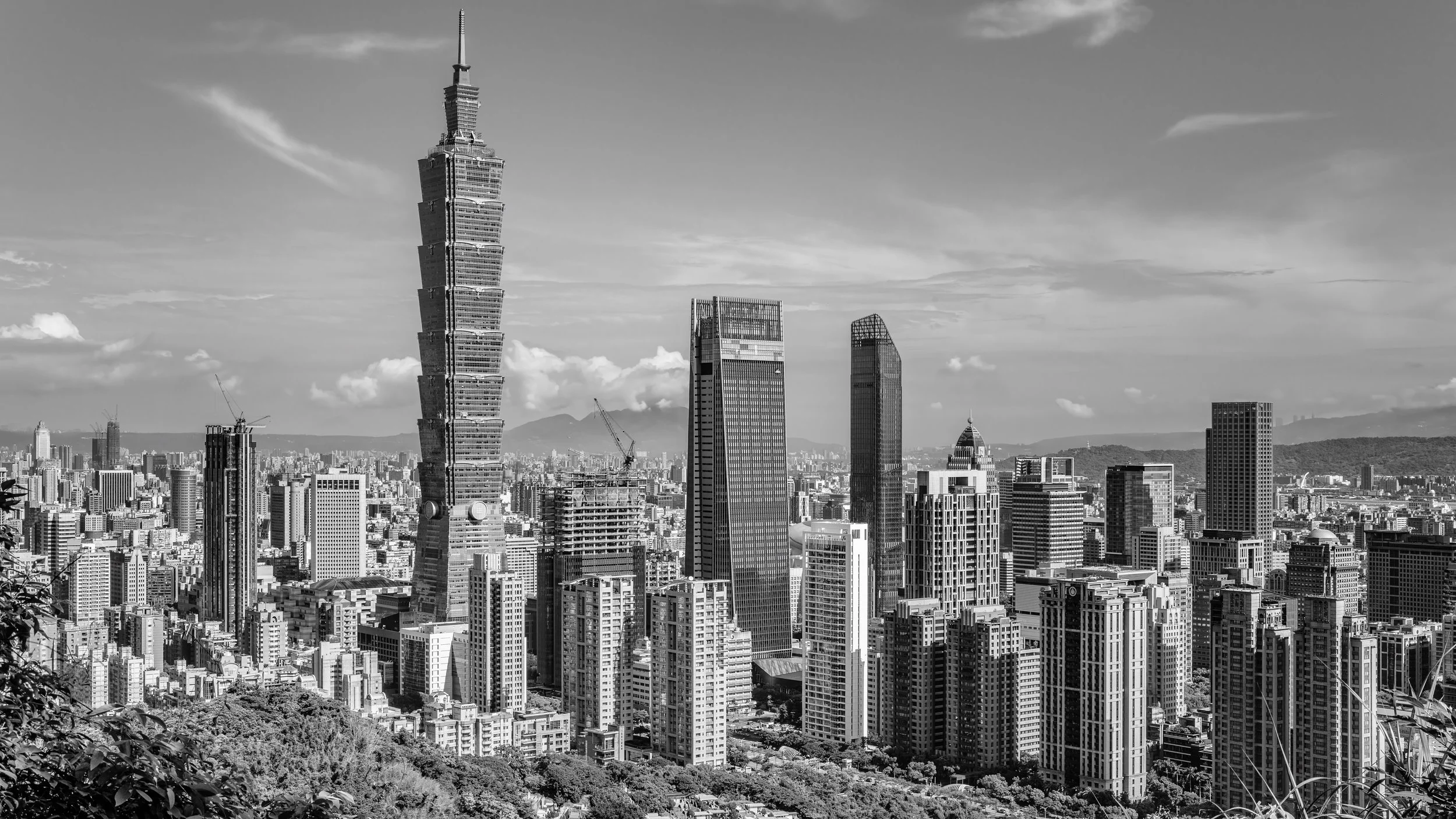 A black-and-white city skyline featuring Taipei 101 skyscraper, surrounded by numerous other high-rise buildings.