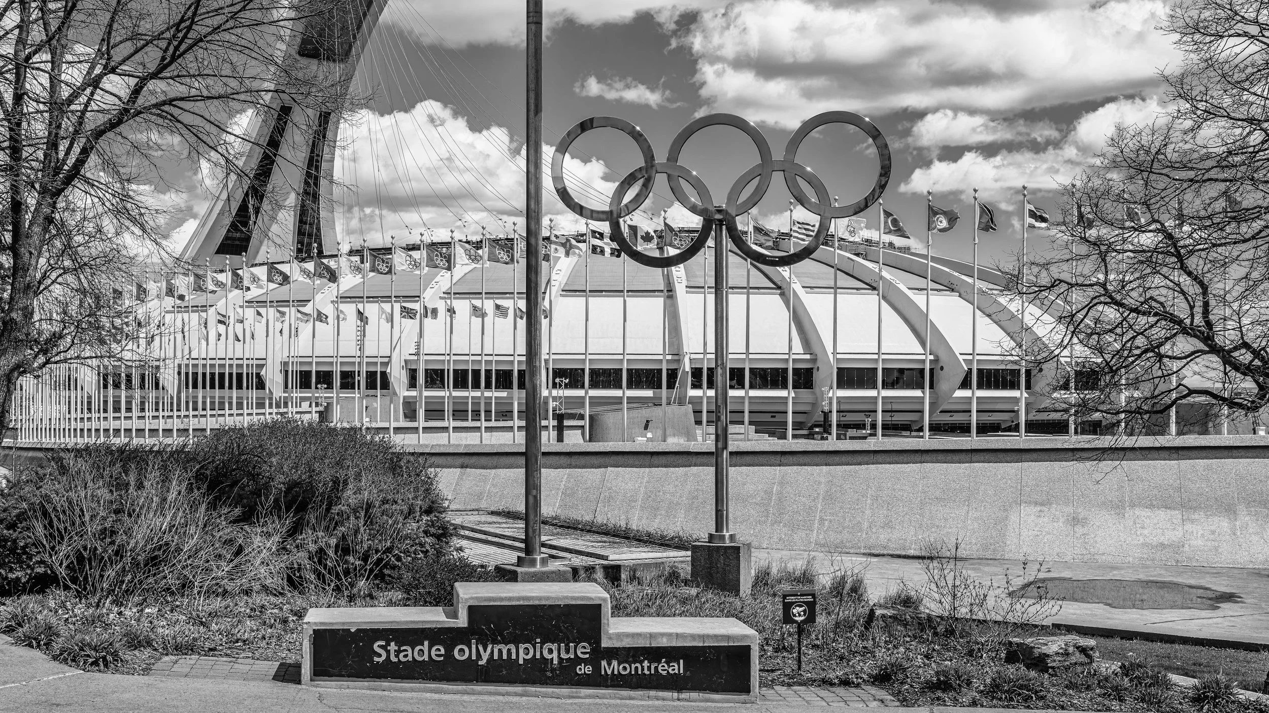 A black and white photo of the Olympic Stadium in Montreal, with the Olympic rings on a pole in the foreground, and numerous flags on flagpoles surrounding the stadium.