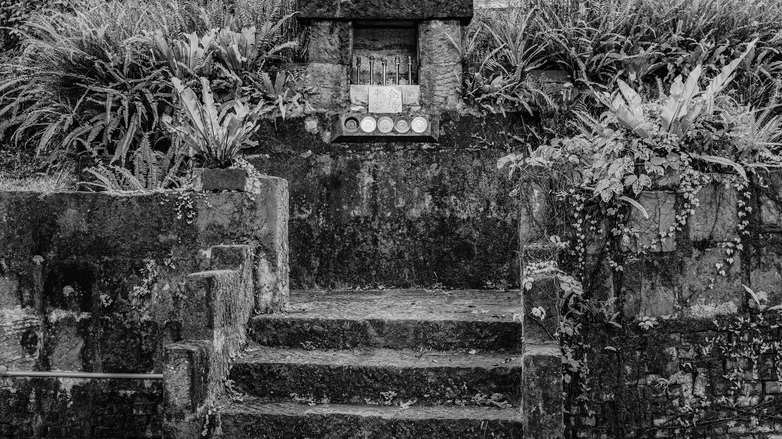 Black and white photograph of stone steps leading up to a stone structure with a small window. The window has vertical bars and a sign with Japanese characters. Surrounding the steps and structure are lush plants, ferns, and vines.