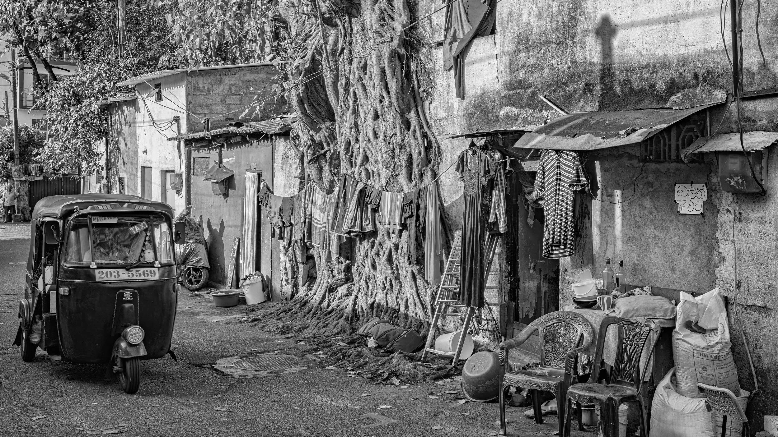 Street scene with clothes hanging on a line, large tree growing against a wall, and various objects like chairs, buckets, and bags scattered around, black and white photo.