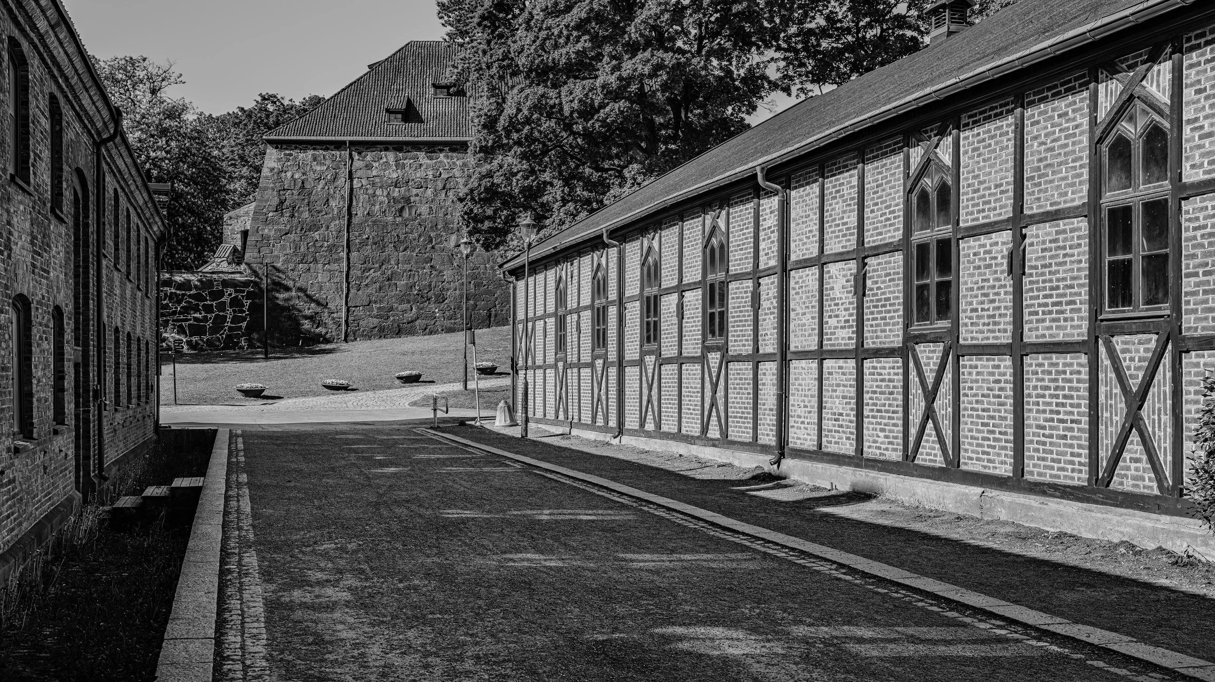 A black and white photograph of an alleyway between old brick buildings, with a cobblestone street, street lamps, trees, and a large stone structure in the background.