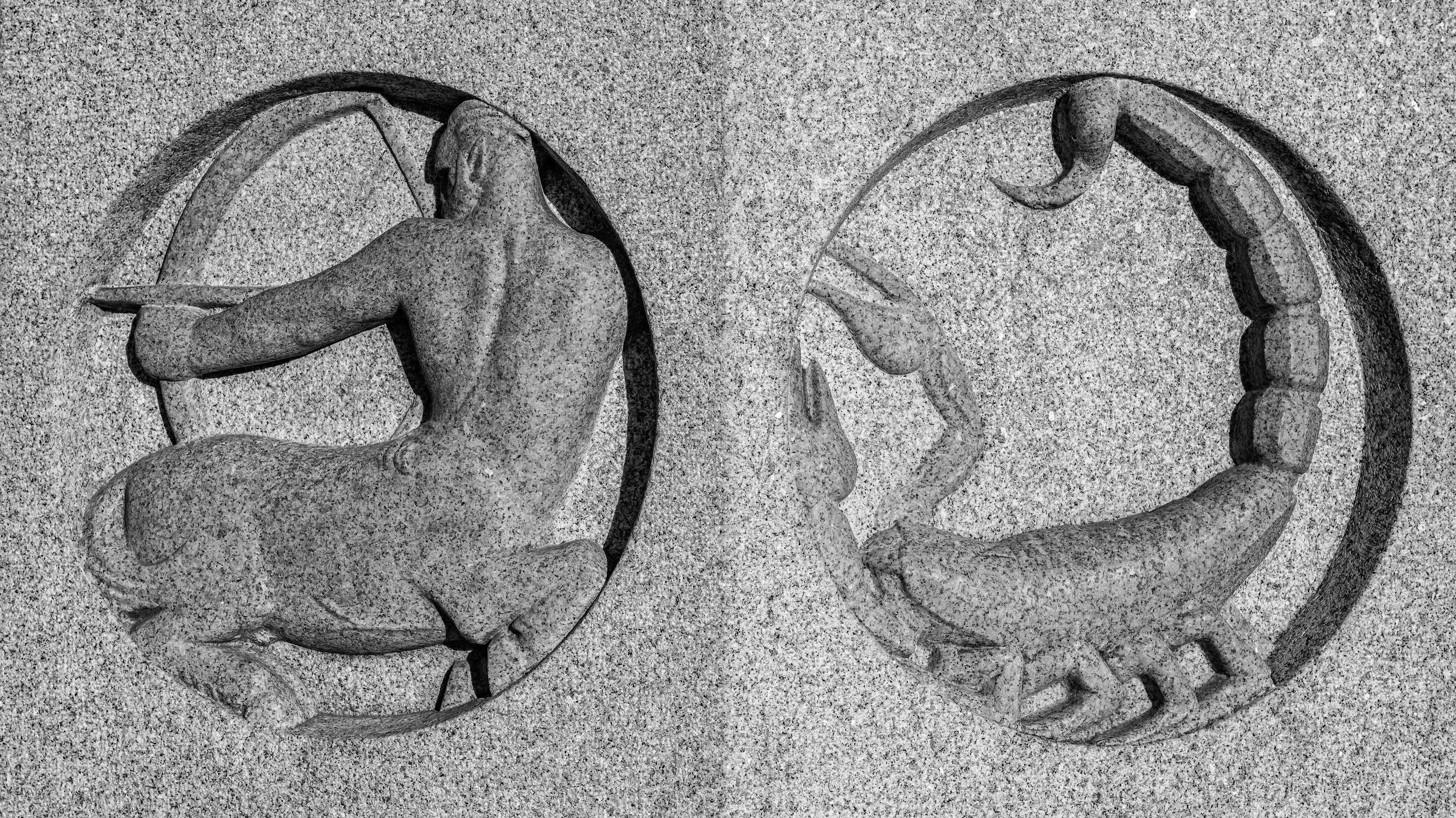Stone sculpture of two horses intertwined in a circular shape, carved into a concrete wall.