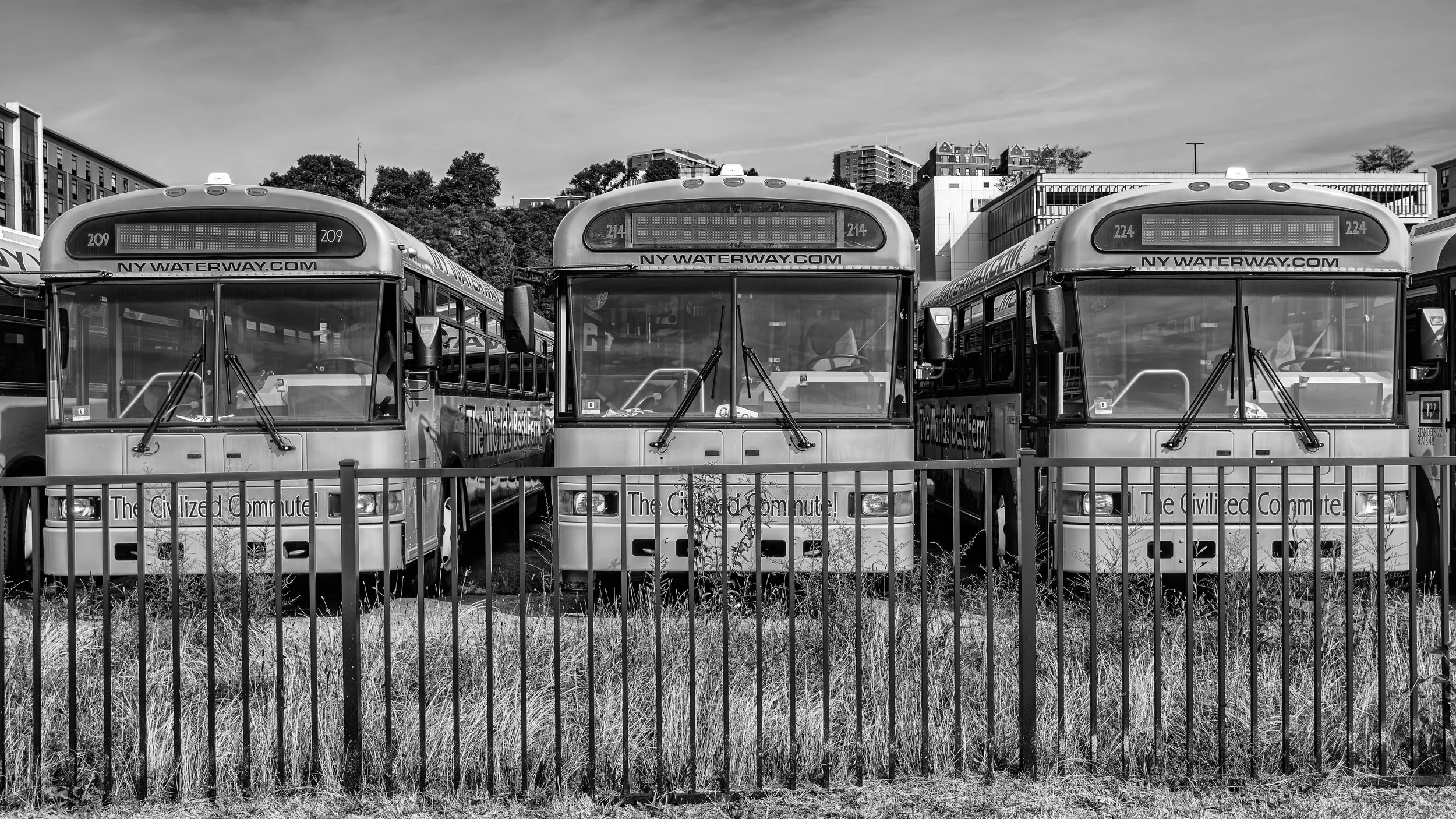 Three city buses parked behind a metal fence in an outdoor lot, with buildings and trees in the background. The buses display the website NYWaterway.com and slogans including "The Civilized Commute." Manhattan, New York, USA.