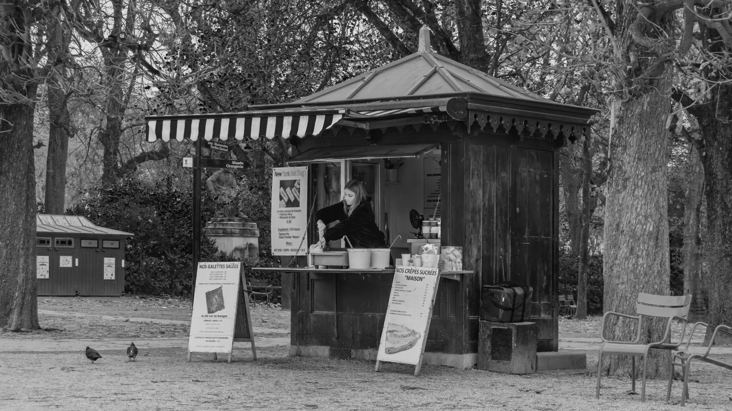 A small wooden kiosk selling baked goods and snacks, with signs advertising crêpes and galettes, situated in a park surrounded by trees with bare branches, some birds walking on the ground nearby.