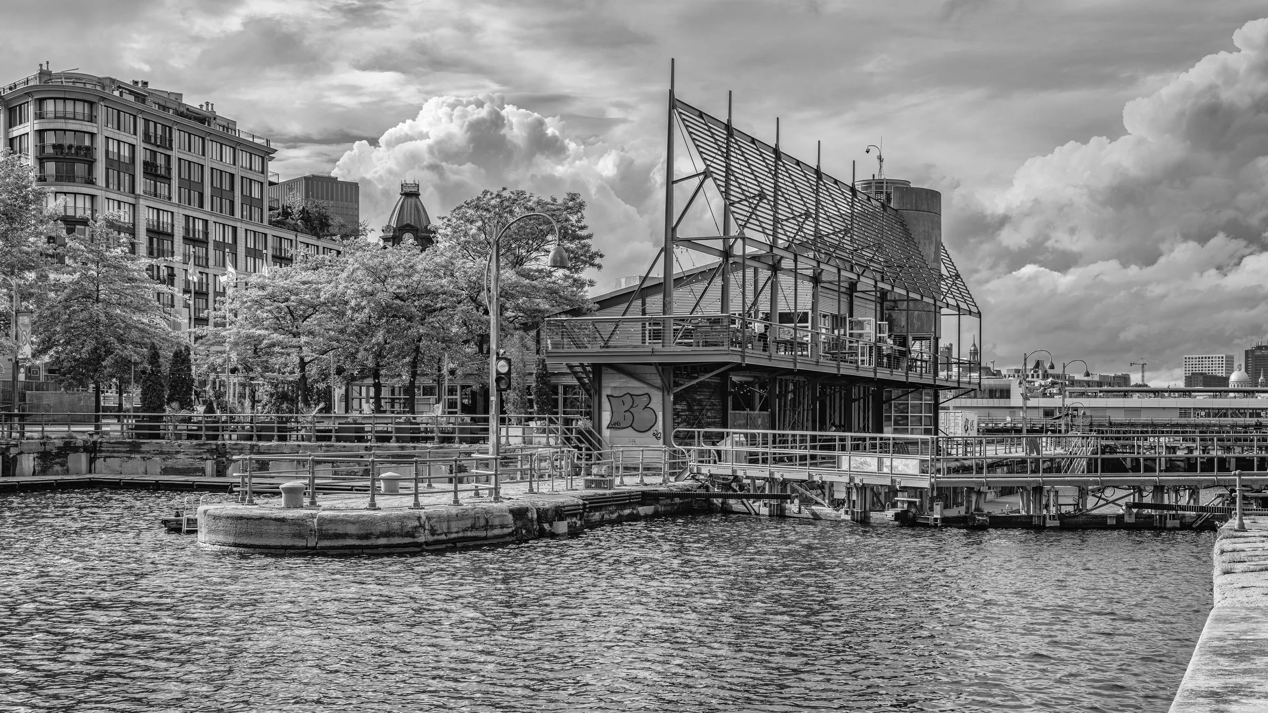 Black and white photo of a city waterfront with modern buildings, trees, a dock, metal railings, and a canopy structure, against a cloudy sky.