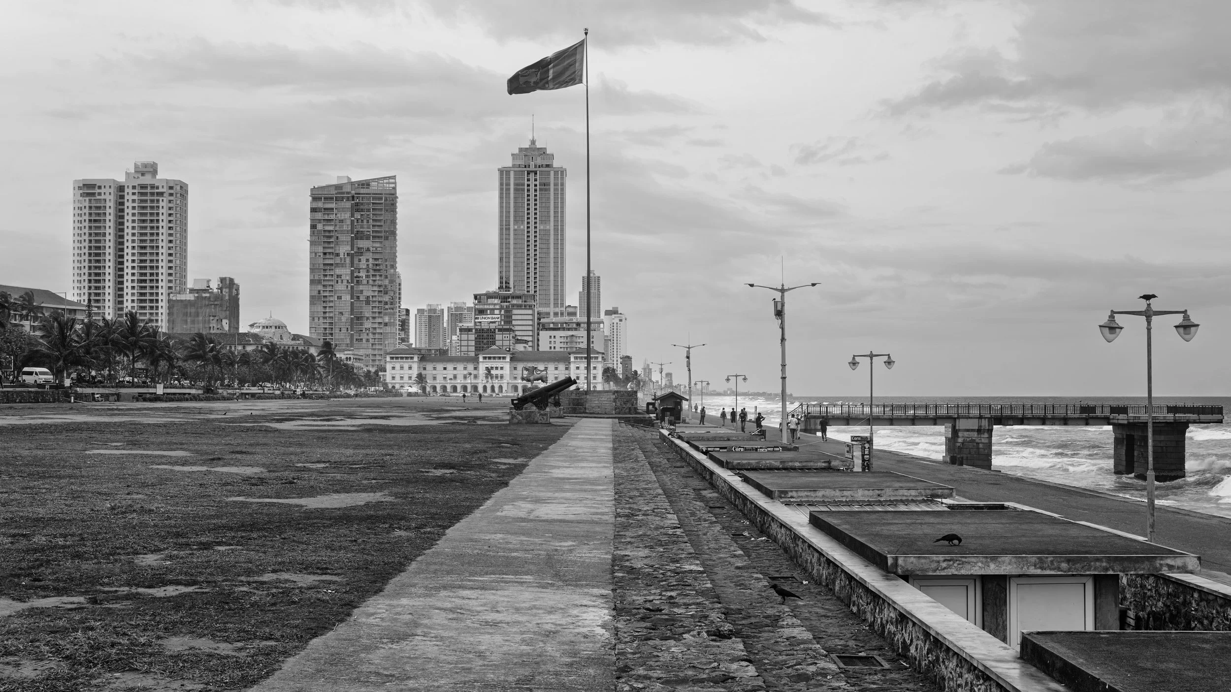 Black and white photo of a city skyline with tall buildings and a waterfront. A flag is flying on a flagpole, and there is a sidewalk along the water with some people walking, street lamps, and a pier extending into the water.