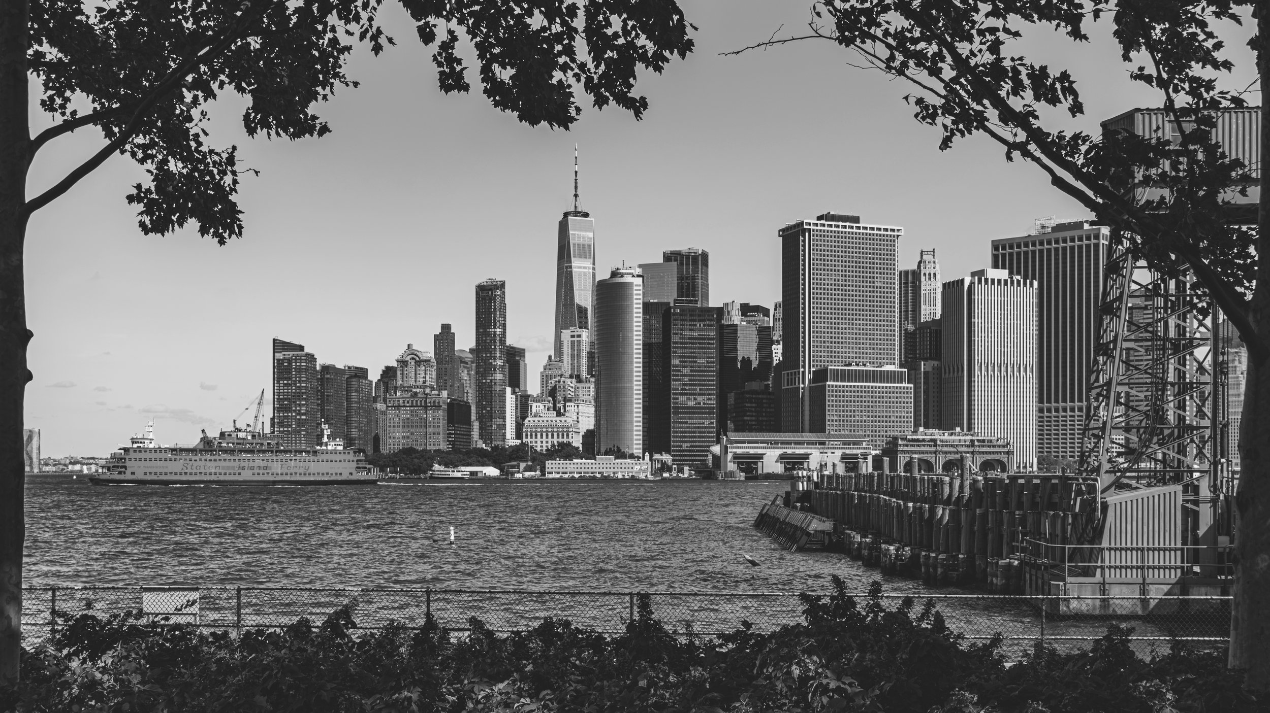Black-and-white photo of the New York City skyline seen from the waterfront, with trees framing the image and a ferry boat on the water. Manhattan, New York, USA.