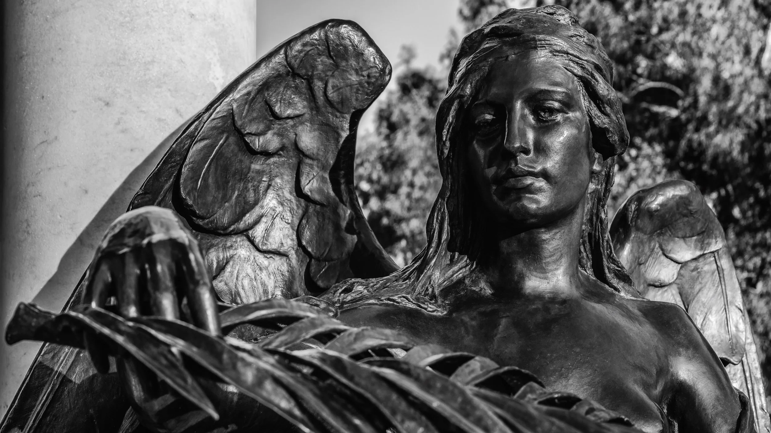 Close-up of a bronze sculpture of a woman with long hair and large wings, set outdoors with blurred trees in the background. Adelaide, Australia.