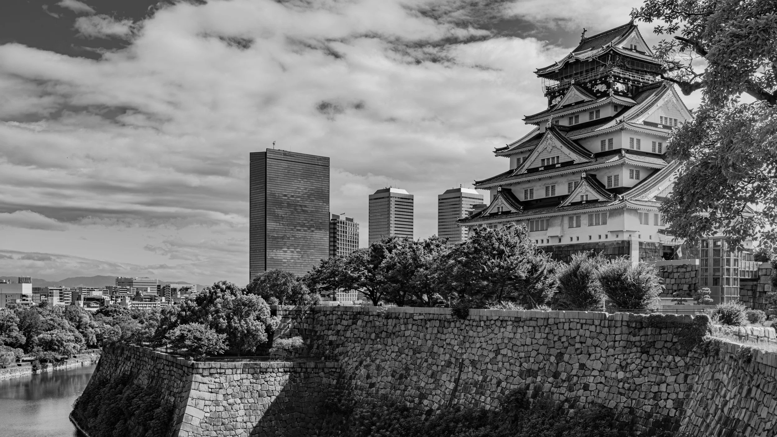 Black and white photo of a traditional Japanese castle with modern skyscrapers in the background, surrounded by trees and a stone wall along a river.