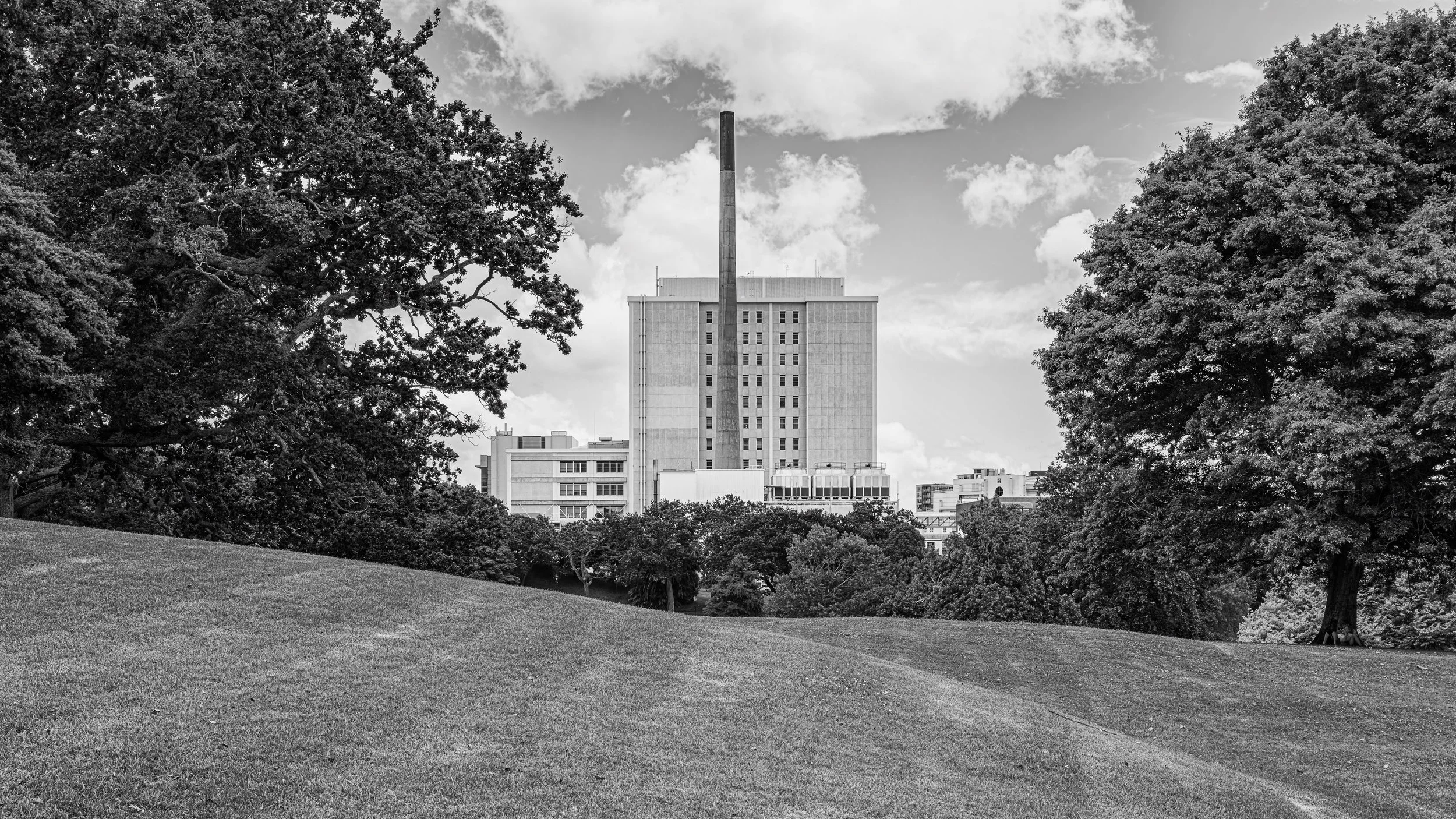 A black and white photo of a cityscape with tall buildings, a smokestack, and trees in the foreground, under a partly cloudy sky.
